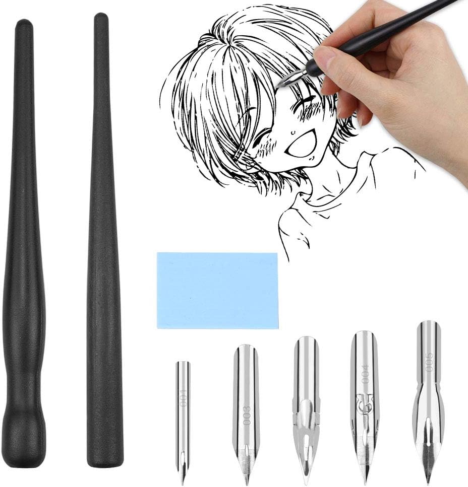 Meetory Dip Pen Set, Nib Pen Comic Manga Pen Holders - 2 Nib Holders & 5 Nibs & 1 Drawing Eraser for Calligraphy Lettering Sketch Cartoonists Artists