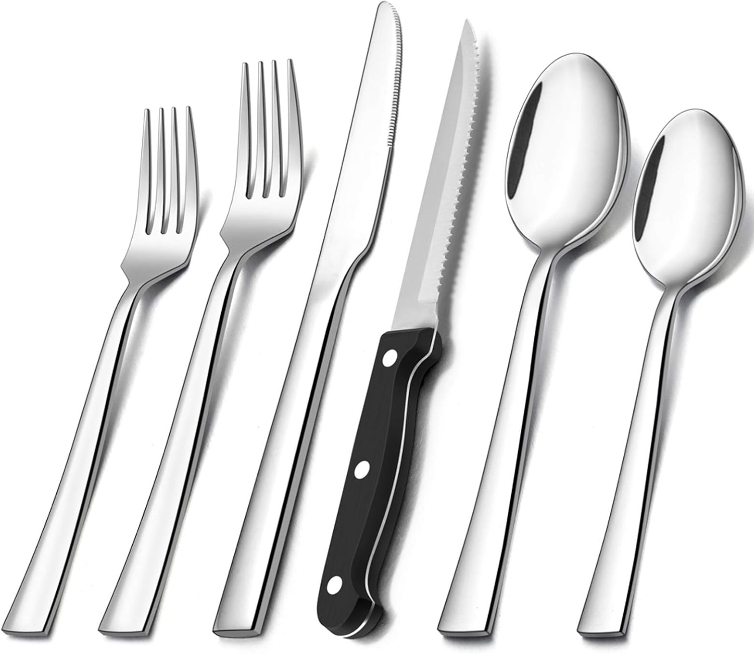 72-Piece Silverware Set with Steak Knives, E-far Stainless Steel Flatware Cutlery Set Service for 12, Modern Tableware Set Include Forks Spoons Knives, Square Edge & Mirror Polished - Dishwasher Safe