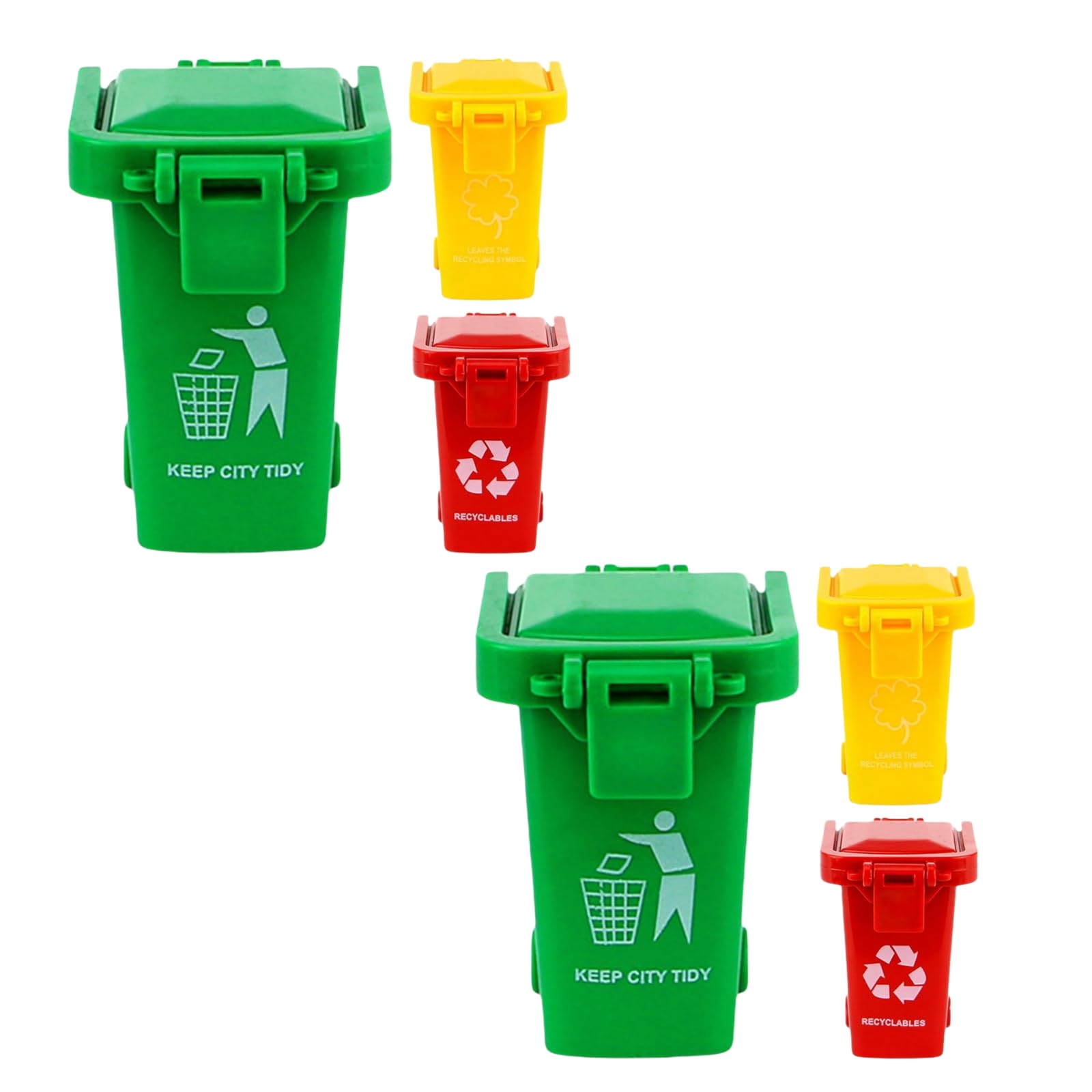 6Pcs Colorful Tiny Recycle Bin for Desk, Garbage Trash Pen Holder, Recycle Bin Pencil Holder, Miniature Garbage Truck's Trash Cans, Unique Small Trash Can Truck Toy with Lid Wheels, Decorations