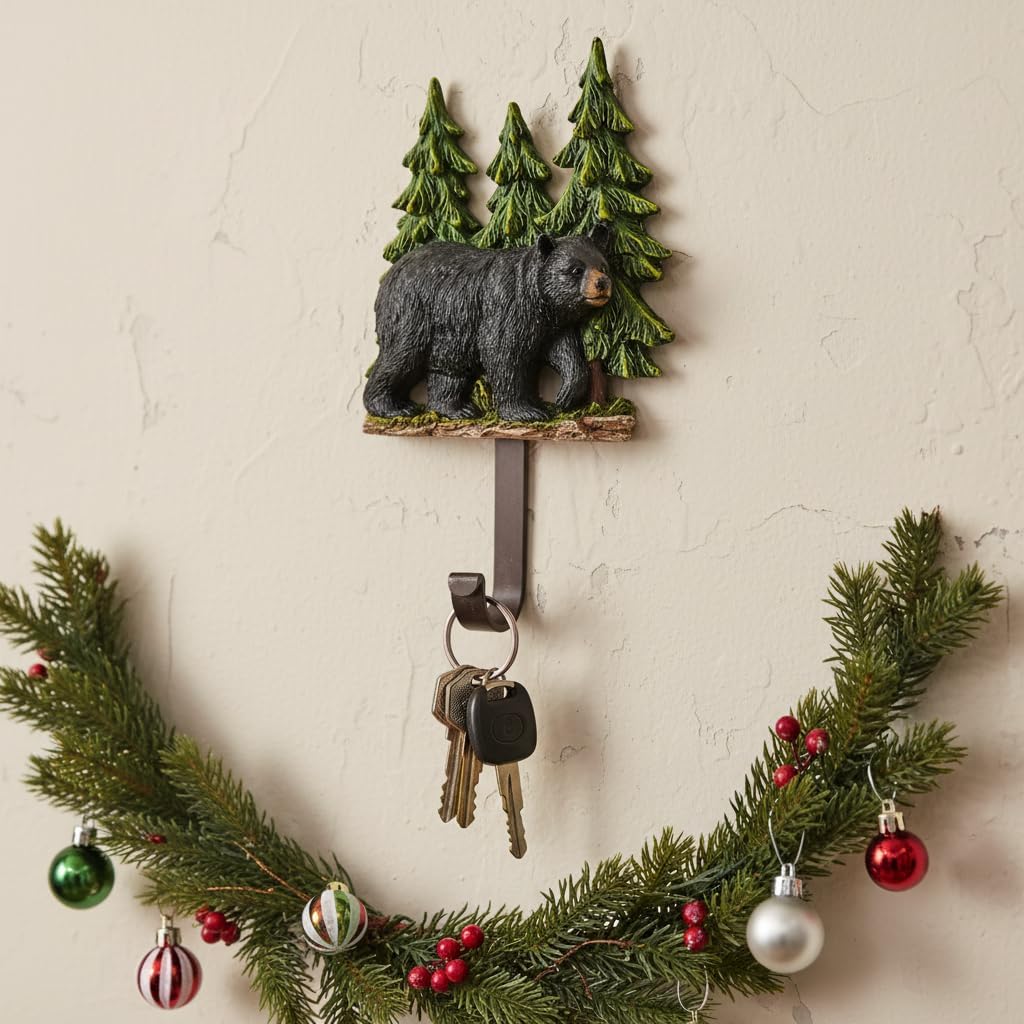 Comfy Hour 8"x4.5" Black Bear Forest Wall Hook, Rustic Antique Vintage Figurine Style Home Decor, Metal Animal Key Hanger Solo Unit for Cabin Entryway