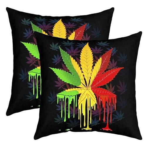 2 Stück Marihuana dekorative Kissenbezüge, weiche, bunte Cannabisblätter, quadratisches Kissenbezug-Set für Couch, Schlafzimmer, Wohnzimmer, Trippy Weed botanische Kissenbezüge, 61 x 61 cm Cover