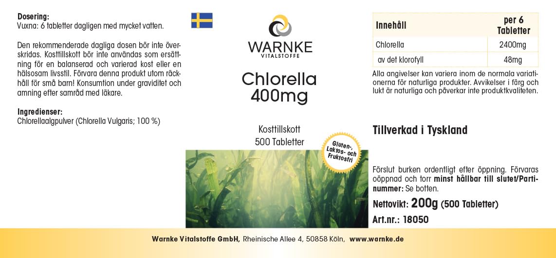 Chlorella 400 mg - 500 comprimés - faciles à avaler - poudre d'algue Chlorella vulgaris - avec chlorophylle - végétalien - grand format | Warnke Vitalstoffe - Qualité pharmaceutique allemande