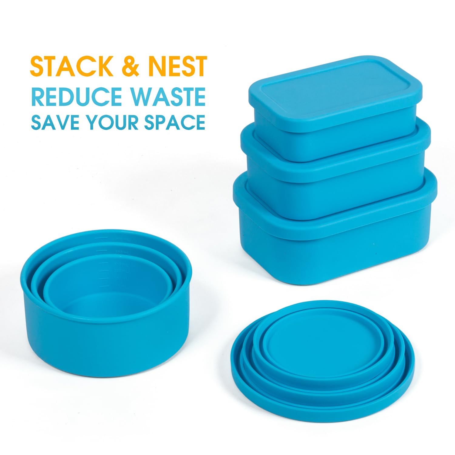 Juego de 6 recipientes de silicona para almacenamiento de alimentos con tapa, recipientes de silicona de carcasa dura con líneas de medición, microondas, congelador, horno, lavavajillas, sin