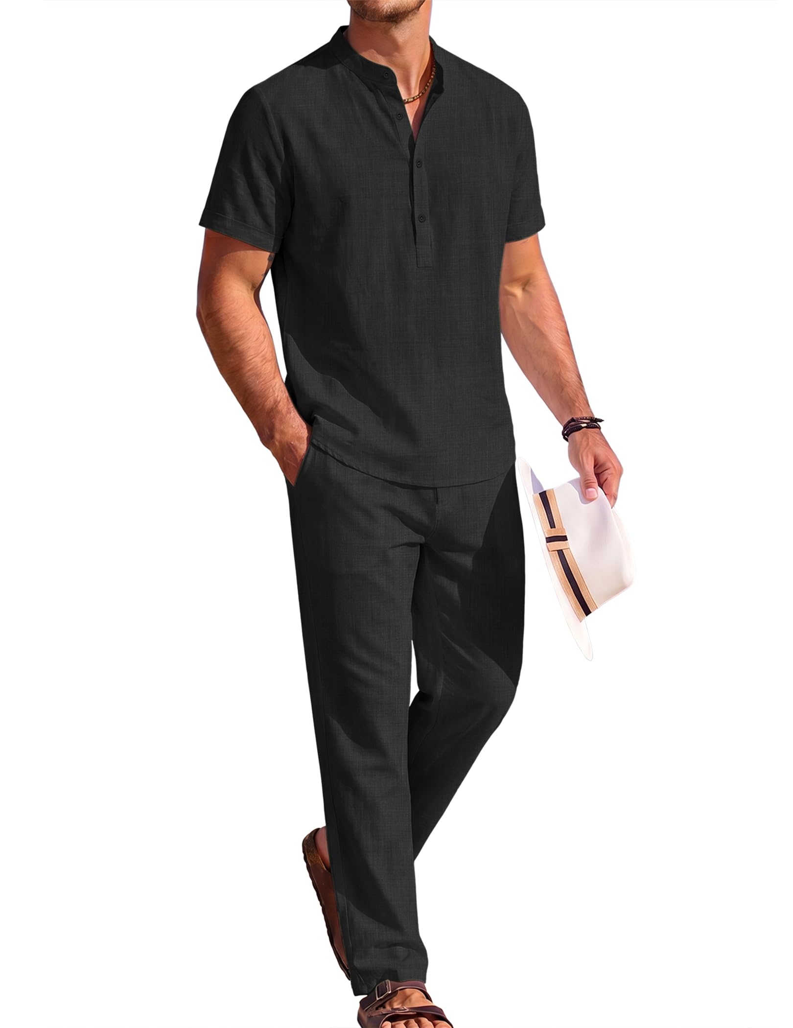 Mens 2 Pieces Cotton Linen Sets Short Sleeve Casual Henley Shirt Summer Beach Pants Lounge Vacation Outfits Set-image-42