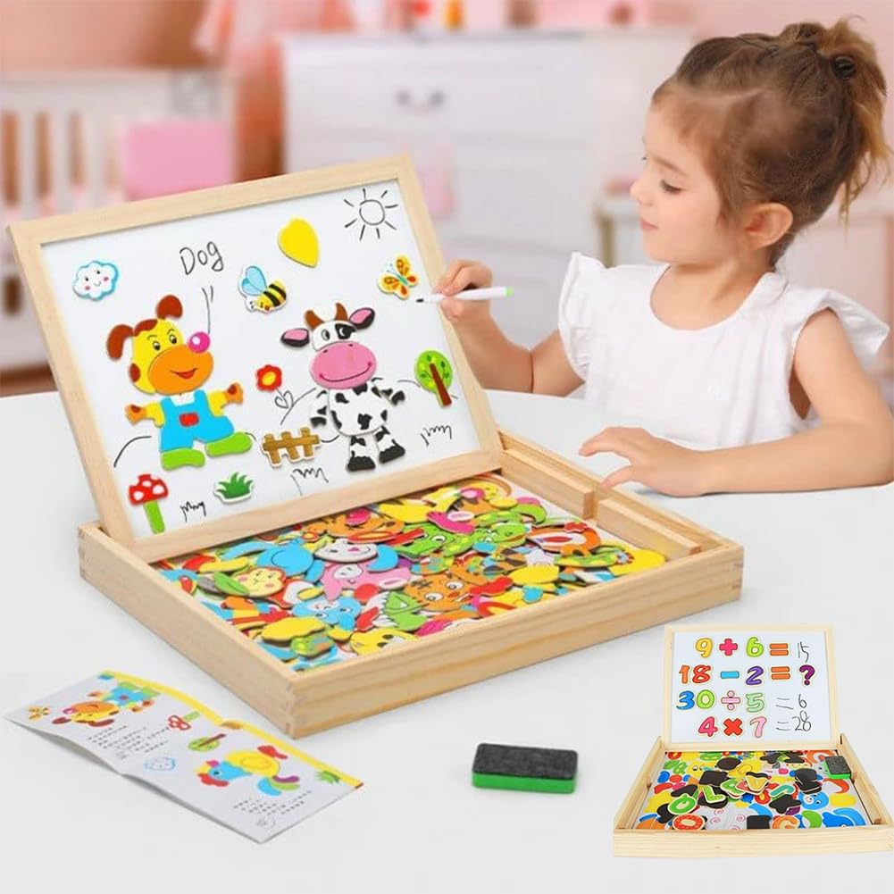 Wolkenschaukel 2 in 1 Montessori Zeichentafel, Magnetisches Holzpuzzle, 163 Stück Tiermuster Pädagogisches, Doppelseitige Magnettafel Kinder, Montessori Spielzeug ab 2 3 4 Jahre (A)
