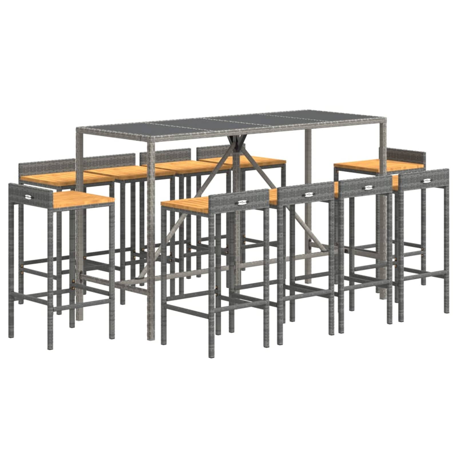 Juego de bar de jardín de 11 piezas, ratán sintético gris y madera maciza de acacia, juego de comedor de jardín, juego de muebles de exterior, mesa y sillas de jardín, terraza para patio y bistró 11