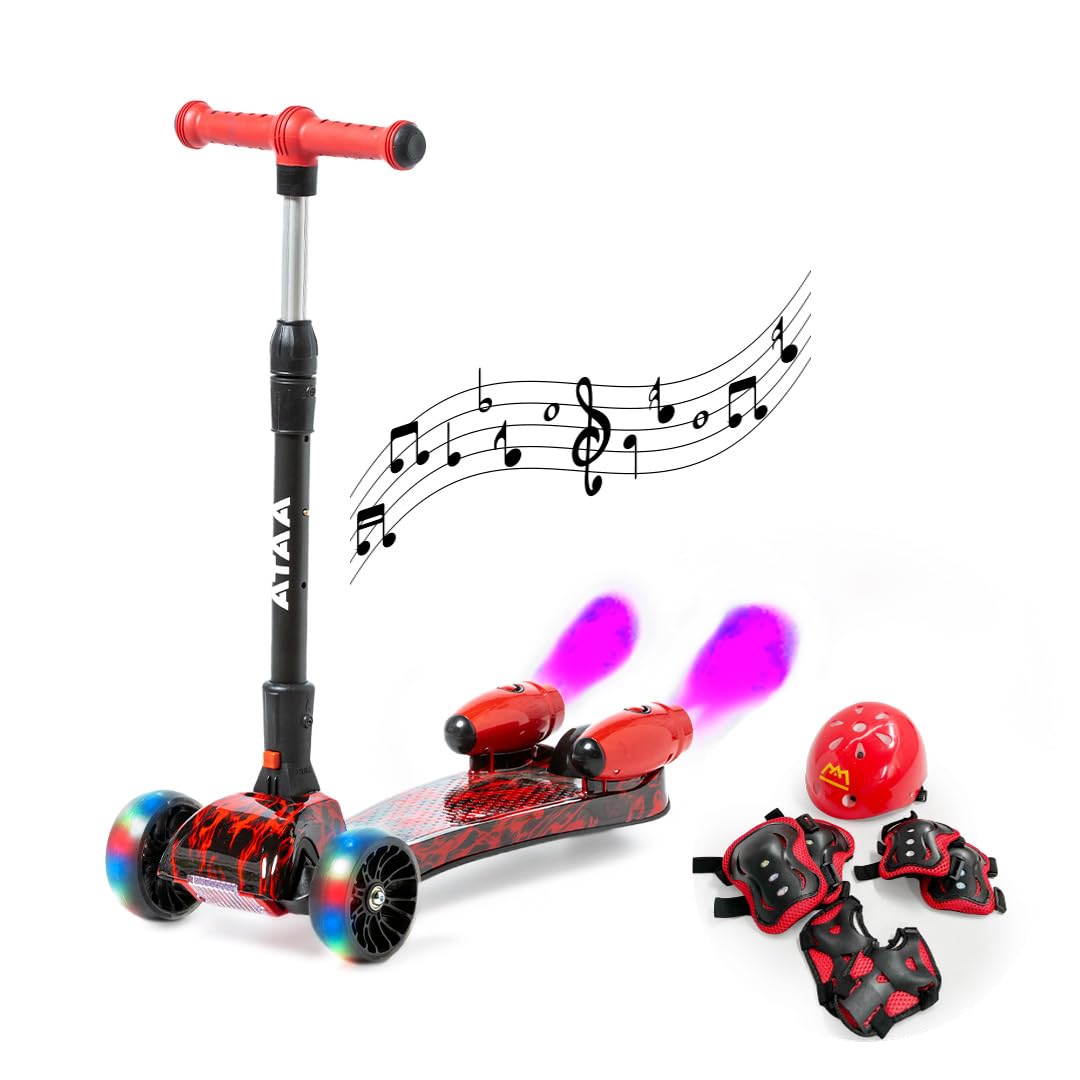 Patinete Infantil 3 Ruedas Shuttle con Humo Luces LED y música por Bluetooth – Plegable con Manillar Ajustable y Set de protección Incluido