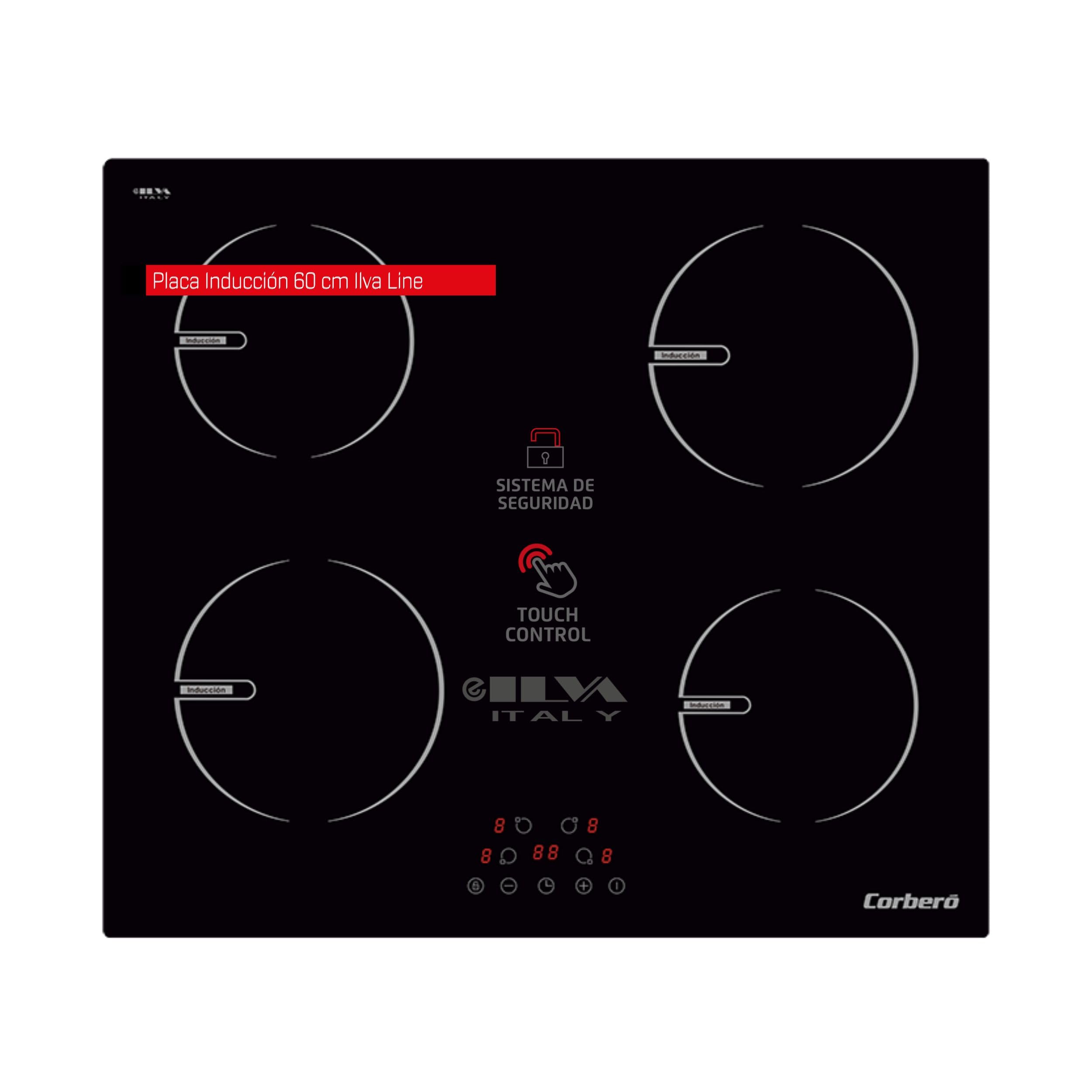 Corberó - Encimera por Inducción CCIG9422 | Placa 4 Zonas | Potencia 6000W | Control Touch | 9 Niveles de Potencia | Desconexión Automática | Bloqueo de Seguridad, Negro/Ilva Glass, Vidrio