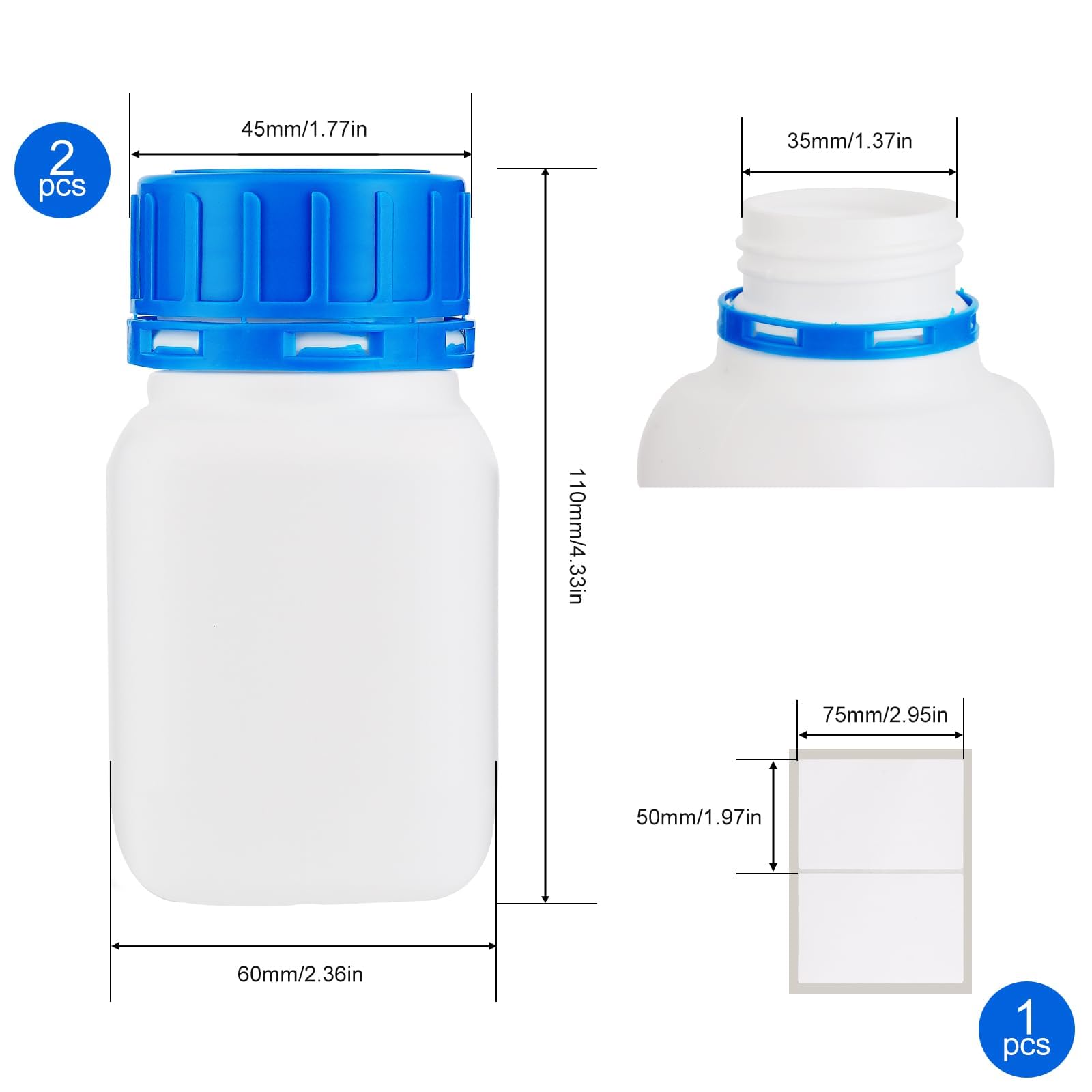 2 pièces 100 ml de flacons à col large avec bouchon à vis en PEHD - flacons de laboratoire en plastique - flacons à col large pour produits chimiques avec couvercle pour laboratoire, cuisine ou