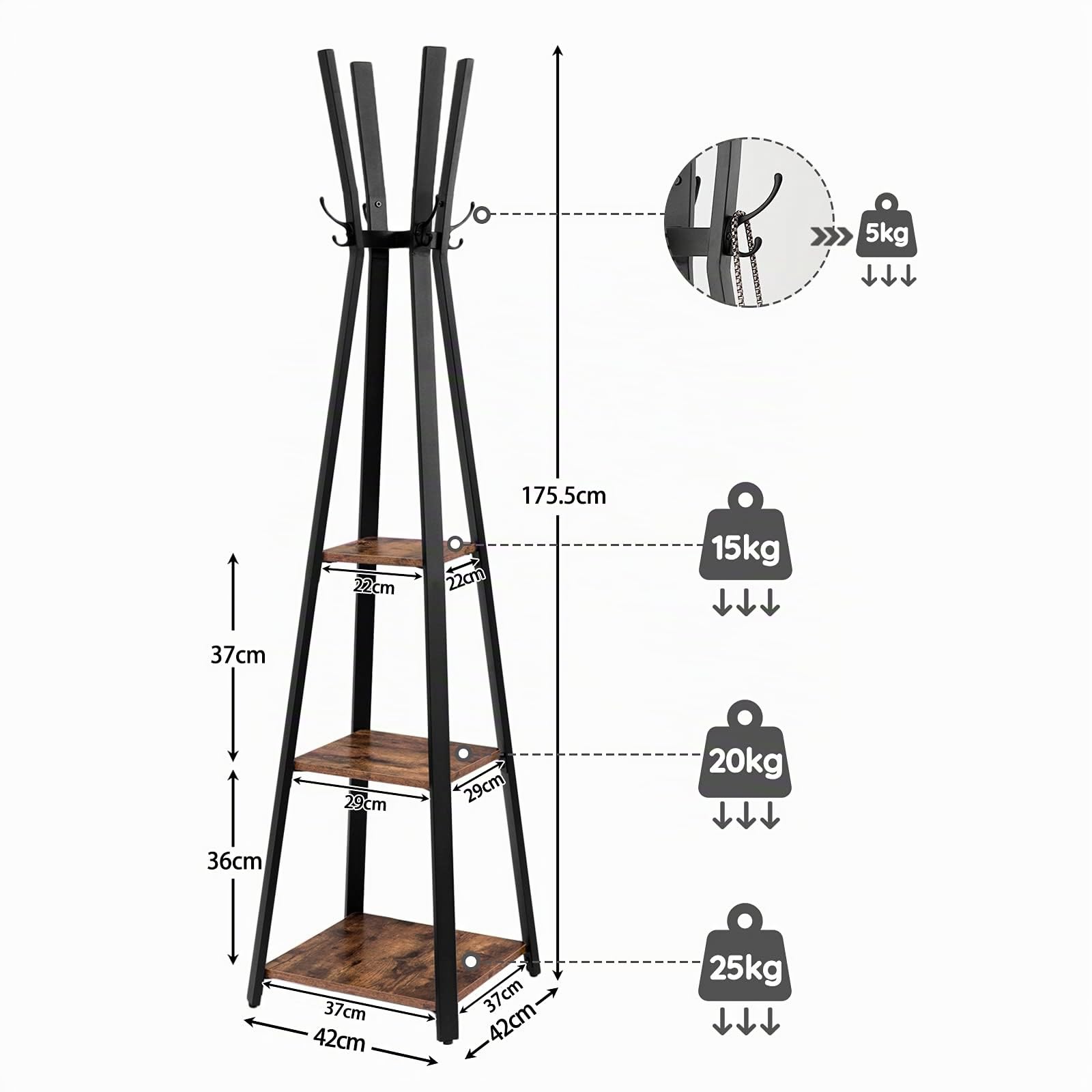 HOOBRO Perchero de Pie, Perchero con 3 Estantes 4 Ganchos, para Ropa, Sombreros, Paraguas, para la Entrada o Pasillo, Estilo Industrial, 42 x 42 x 175,5 cm, Estable, Fácil Montaje EBF82YM01