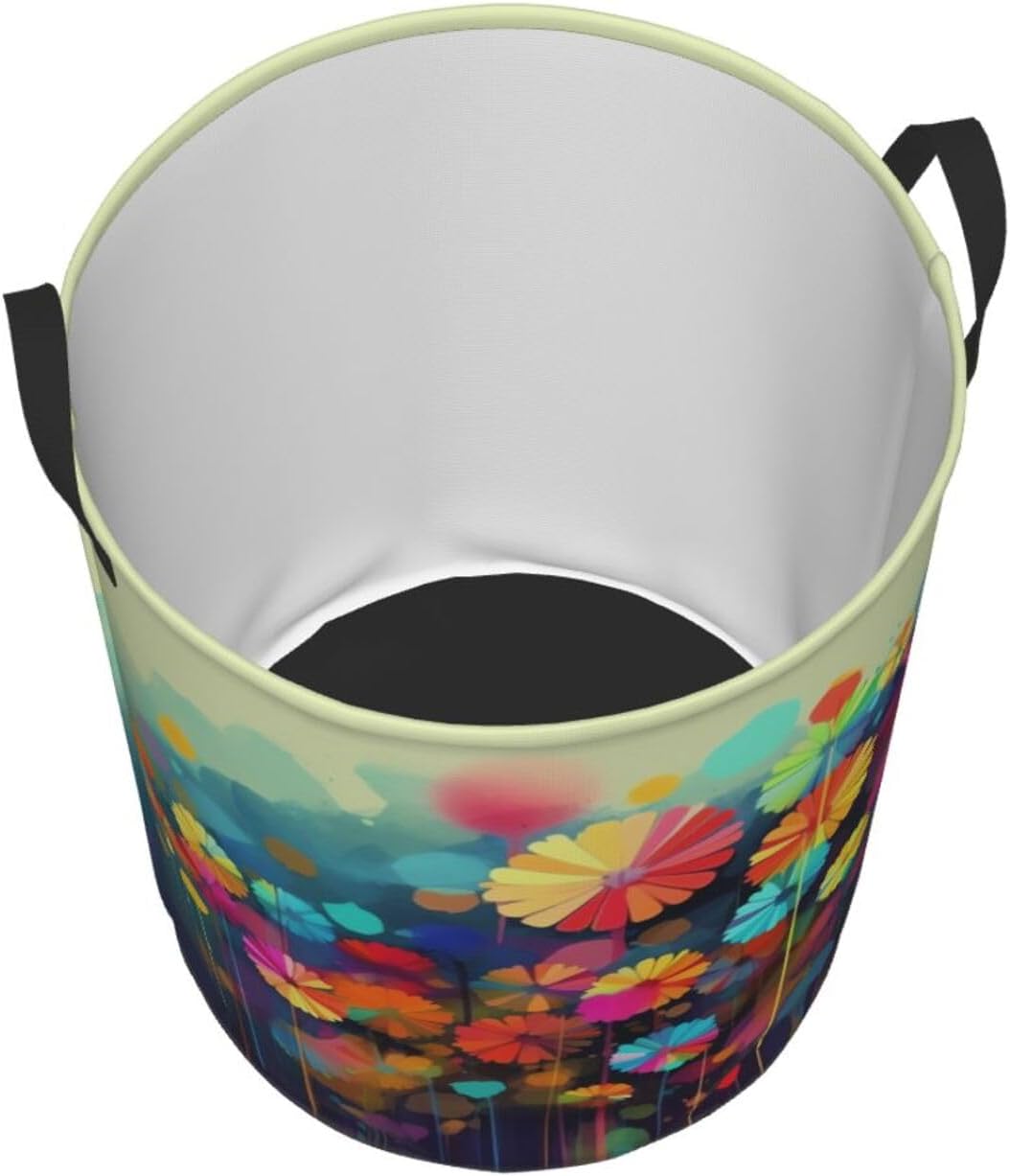 Abstract Style Colorful Flowers Laundry Basket With Handles, Foldable Laundry Hamper Oxford Cloth Dirty Clothes Basket Waterproof Clothes Toys Storage Bin Organizer for Bedroom Bathroom Dorm