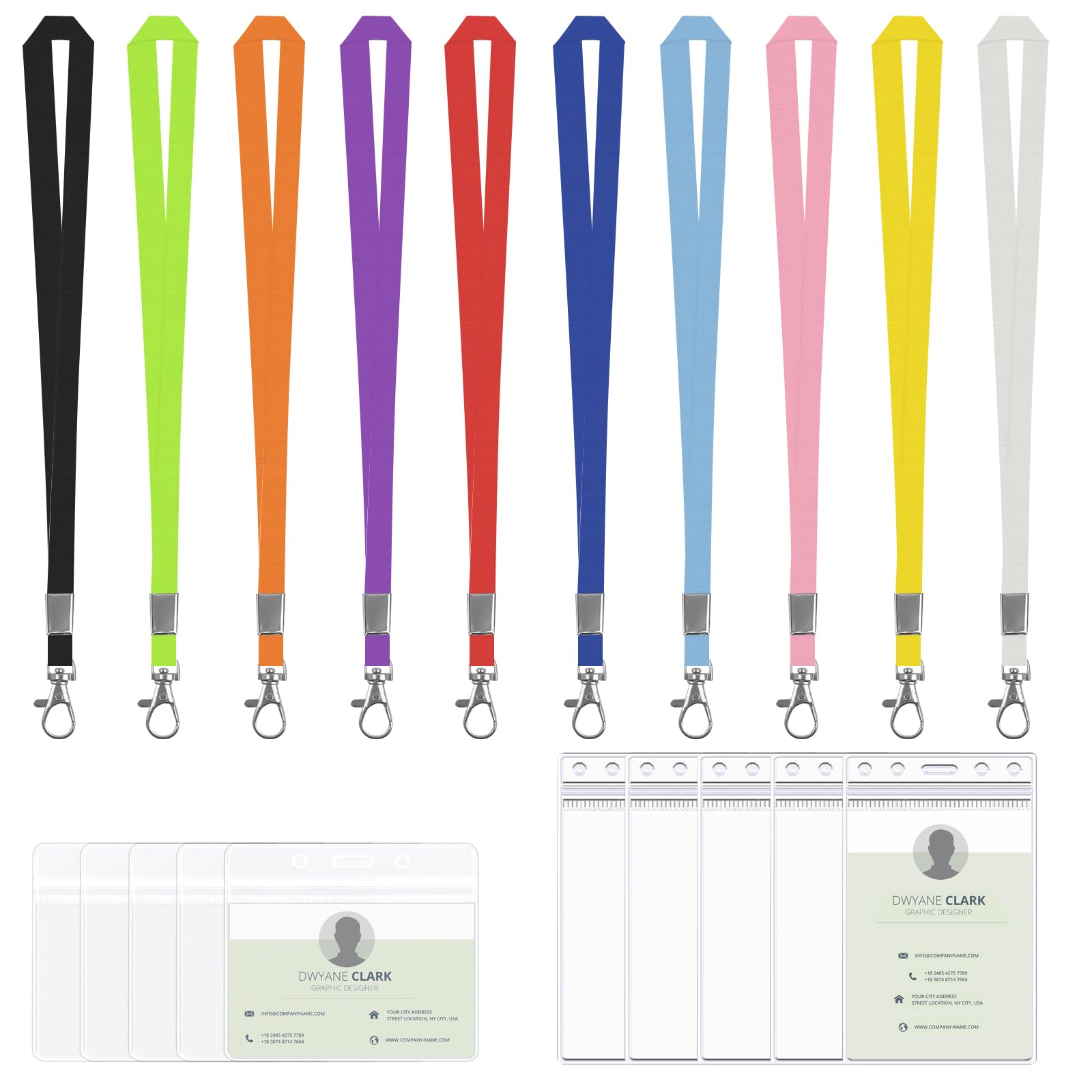 LHOEST Lanyard with Card Holder Clear 10 Pair Double Sided Card Holder for Lanyard Pink Black Blue Colored id Card Holders Name Badge Holder with lanyards Plastic Card Holders Vertical Horizontal