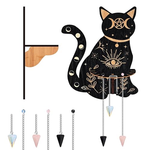 CRASPIRE Small Crystal Shelf Cat Black Crystal Display Shelf Magical Boho Wooden Witch Altar Wall Mounted Hanging Rustic Crystal Holder Stand with 3 Pieces Crystals Stones for Wall Decor