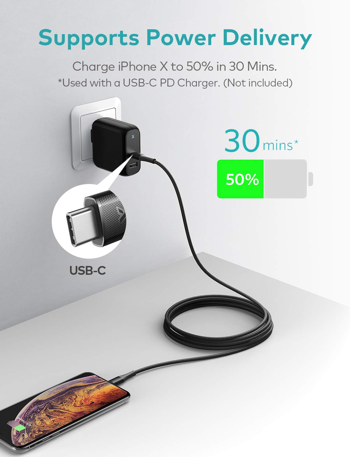 Xcentz USB C to Lightning Cable, iPhone 12 Charger Cable [6ft Apple MFi Certified] Fast Charging Support Power Delivery, Nylon Braided Cable for iPhone 12/11/11 Pro Max/XS Max/XS/XR/X/8/8 Plus, Black