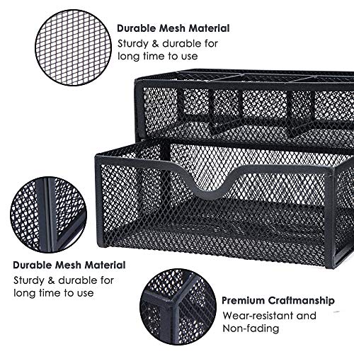 ARCOBIS Black Mesh Desk Organizer Office Supplies Multi-Functional Desktop Pen Holder Organizer with 6 Compartments and 1 Large Storage Drawer for Office, Home, School, Classroom