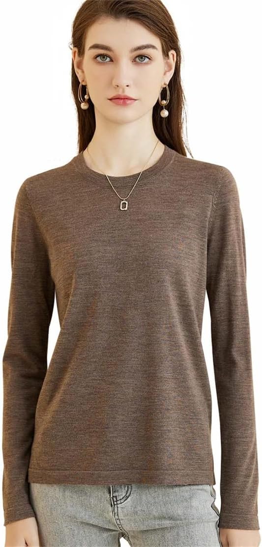 Women's Fall Winter 100% Merino Wool Base Layer Crewneck Soft Merino Tee Long Sleeve Tops