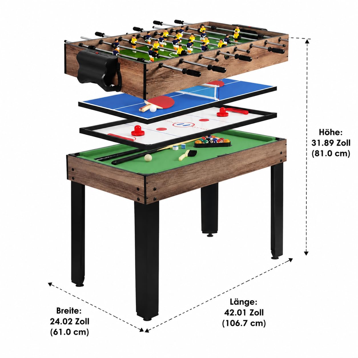 predolo Multifunktionstisch, Spieltisch für Familie & Wohnzimm, Billard, Airhockey, Tischtennis, 117.8x61.2x84.2cm Holzvbund