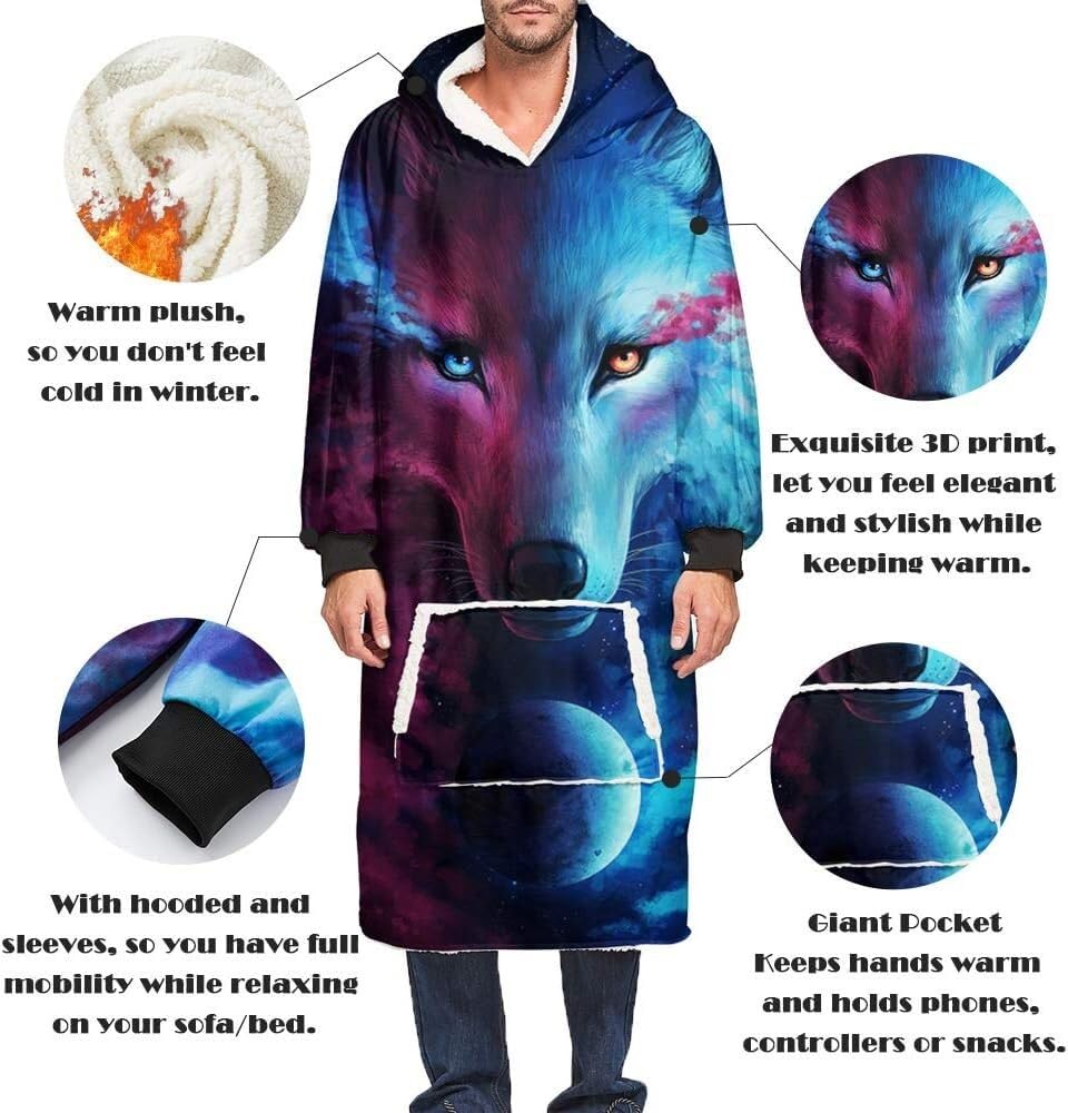 Puszyste kocyki do noszenia Koc z bluzą oversize z motywem świątecznym, bluza z kapturem z mikrofibry, rozmiar dla dorosłych