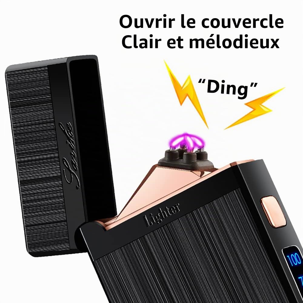Skrfire - Briquet électrique rechargeable USB à plasma coupe-vent à double arc avec son d'ouverture net, affichage de la batterie, lumière LED, corps en métal brossé pour bougie et camping (Noir)