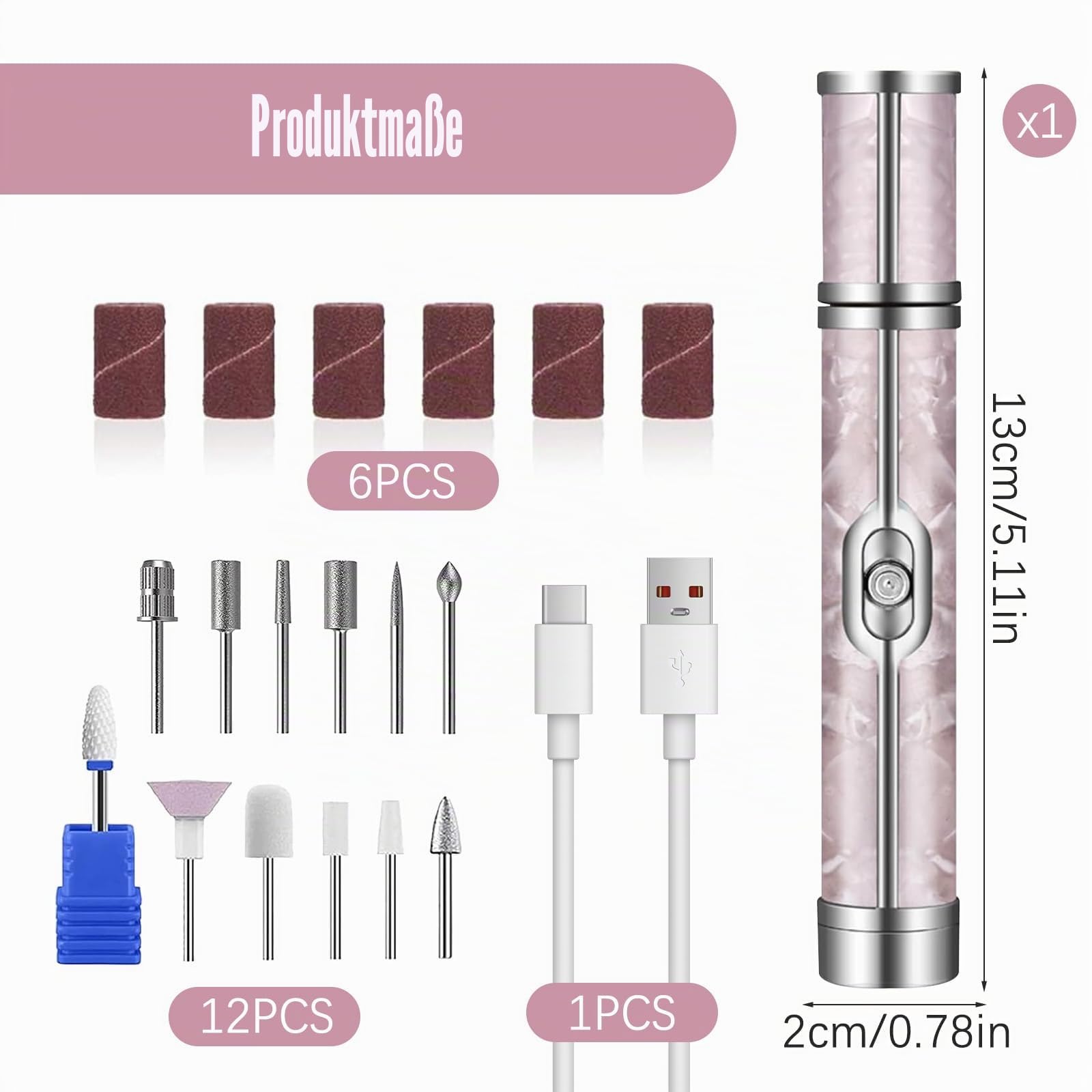 Nagelfräser Kabellos, 20000 u/Min Elektrische Nagelfeile Pediküre mit 12 Schleifköpfen 6 Schleifstufen 4 einstellbaren Geschwindigkeiten, Maniküre für Hand und Fußnägel Entfernt Gel Nagellack