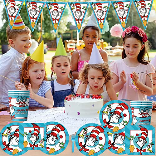 Doctor Seuss Party Birthday Supplies, Cat In The Hat Theme Party Tableware With Pennants, Tablecloth, 20 Disposable 7" Paper Plates Napkins For Kids Party Supplies Decorations #TOP3