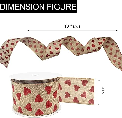 Miniatura 2 de Cinta con alambre de tela de corazón rojo con purpurina para el día de San Valentín, 2.5 pulgadas, 10 yardas, cintas naturales de boda, cintas rojas