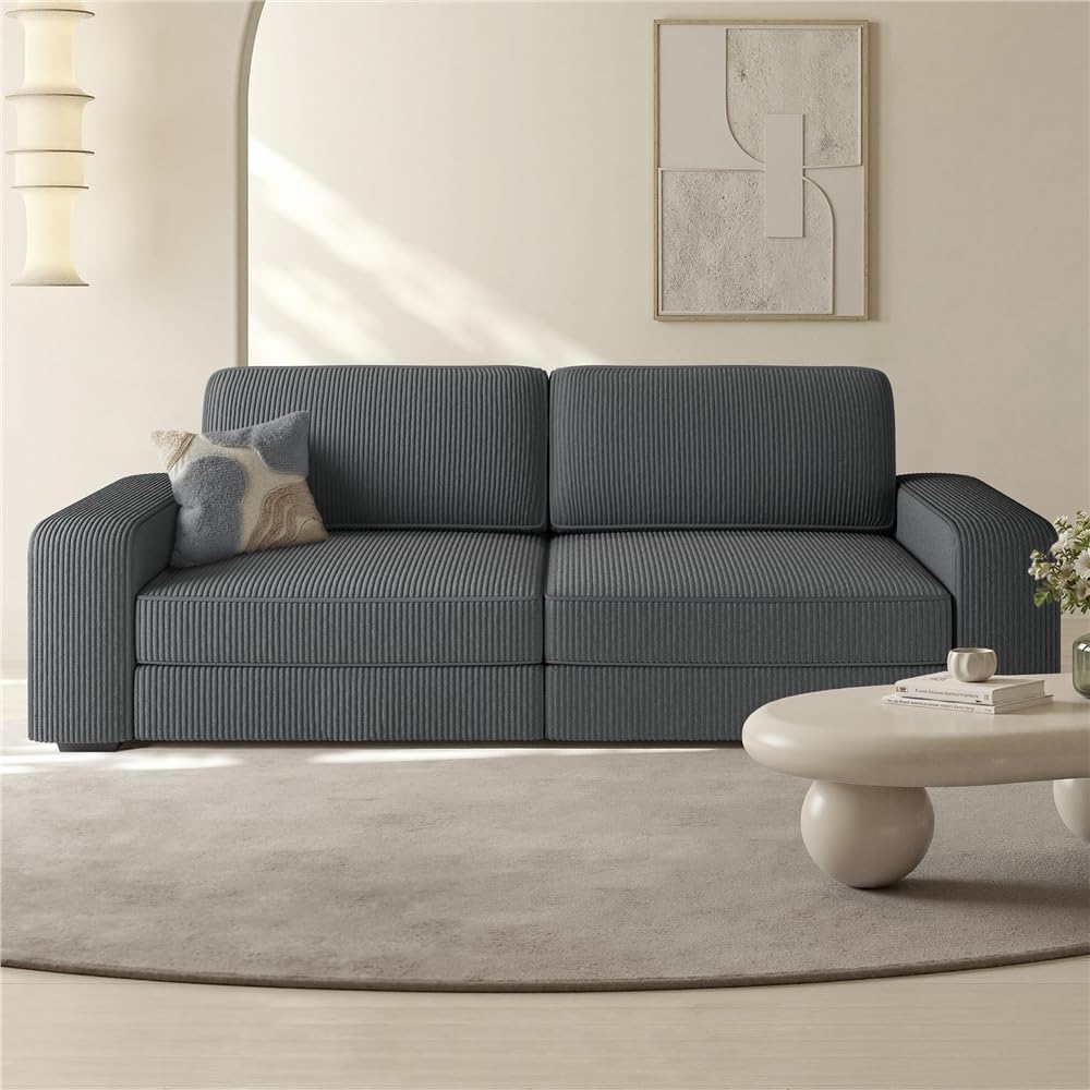 Yaheetech Sofa 212 x 83,5 cm Polstersofa aus Cordstoff mit Abnehmbare Kissen und Rückenlehnen Couch mit Breite Armlehnen für Wohnzimmer/Schlafzimmer Dunkelgrau