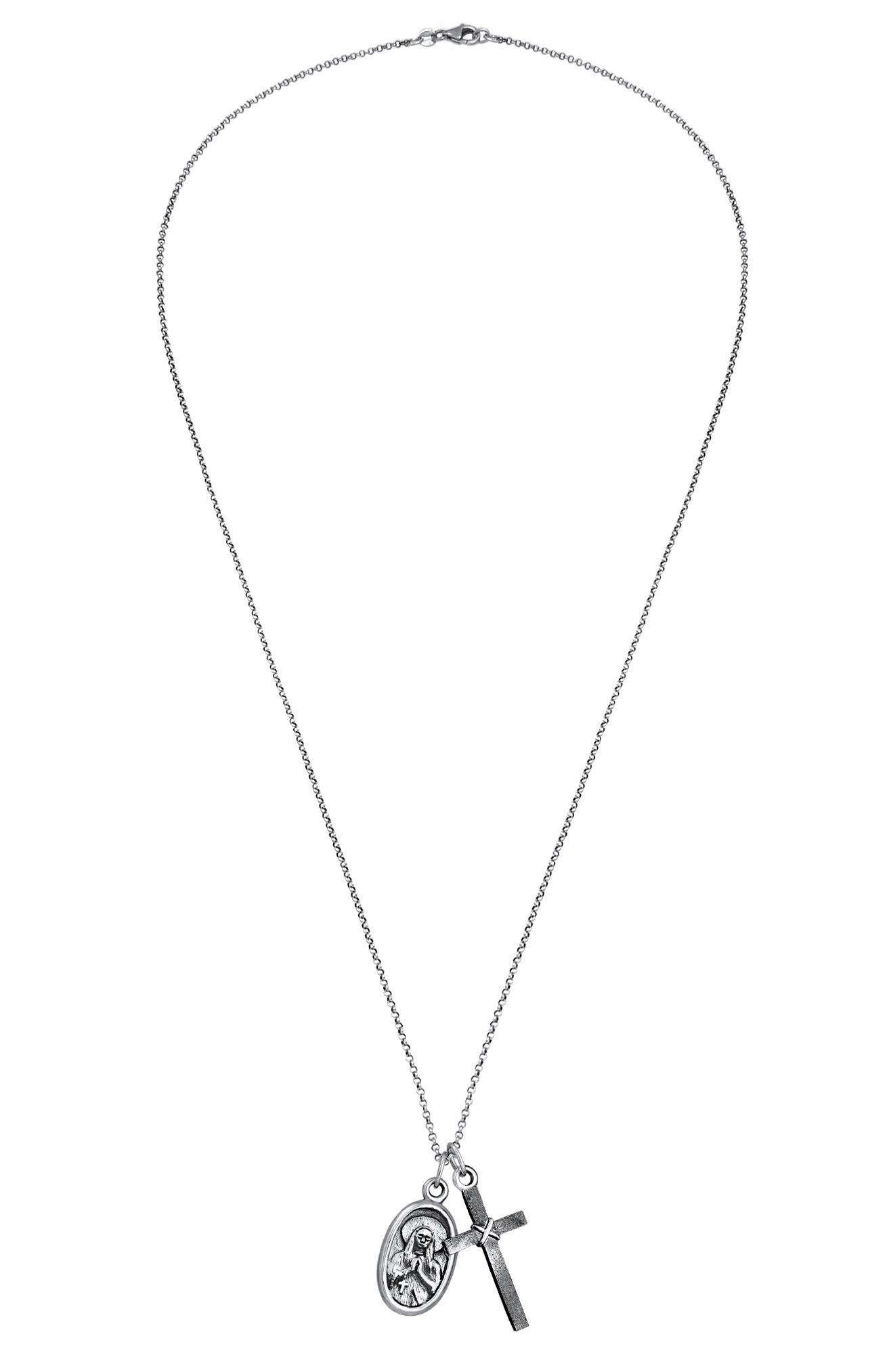 Kuzzoi Herren Silber-Halskette mit Marienbild und Kreuz Anhänger, Symbol Kette für den Mann in 925 Sterling Silber, Herrenkette mit Maria-Anhänger und Anhänger, handgearbeitet