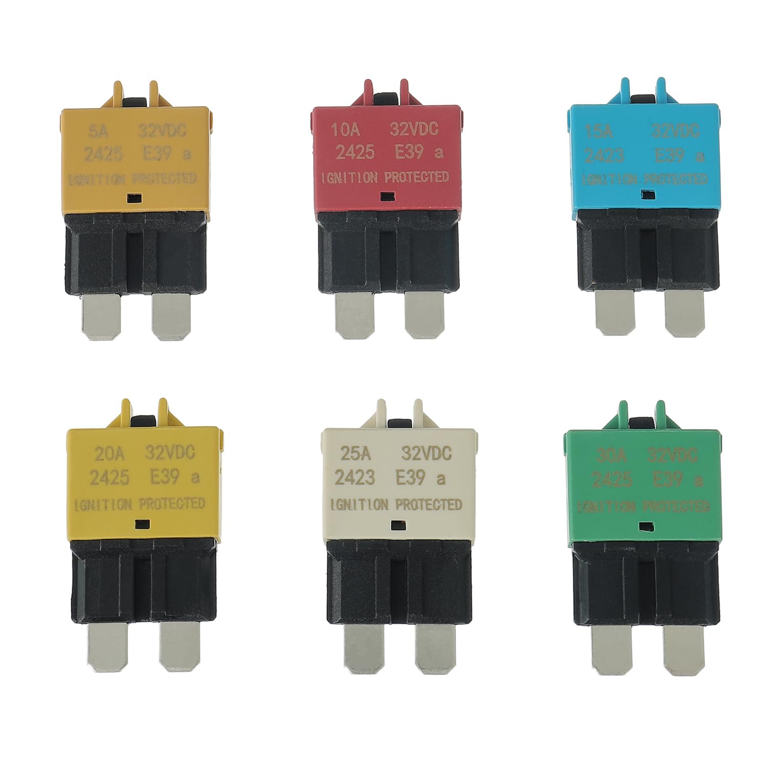 12V-32V Disjoncteur de Fusible à Réinitialisation Manuelle | E39 Disjoncteur ATC à Profil Bas, 5A 10A 15A 20A 25A 30A (mixte 6pack)
