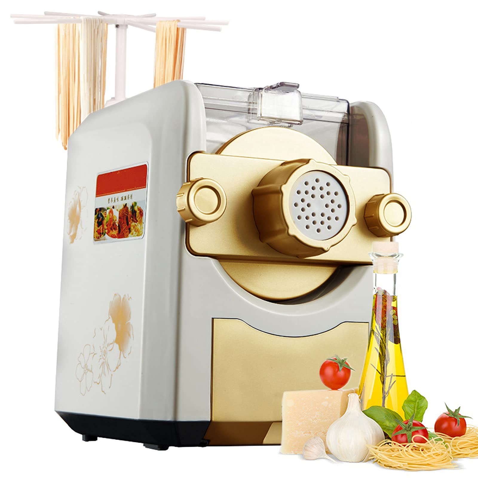 Noodle Maker Machine Electric Home Automatic Noodle Extruder Machine with Pasta Drying Rack One-Key Automatic Operation for Making Spaghetti Fettuccine Dumpling Skin