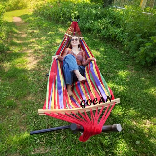 Image of GOCAN Double Hammock 2 Person Large 220x160cm with Steel Stand and Removable Spreader bar Load 500lb, Canvas Cotton Hammocks for Patio Porch Garden Backyard Outdoor and Indoor,red