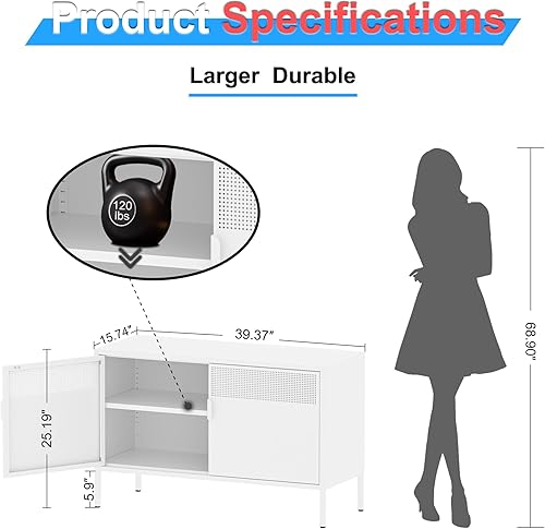 Miniatura 2 de Aparador de almacenamiento de 2 puertas, armario de almacenamiento de metal con 2 estantes ajustables, gabinete de metal multiusos para oficina y