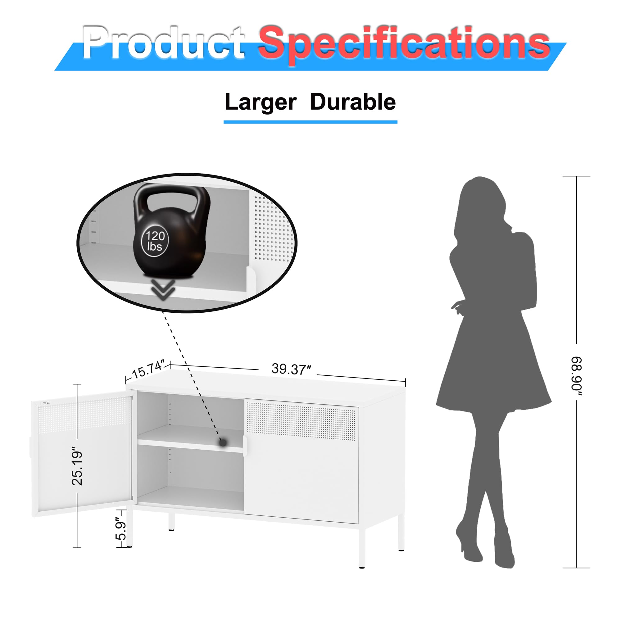 Washsemba 2 Door Metal Accent Cabinet,Metal Storage Cabinet with Adjustable Shelf,2-Tier Office Cabinet,Multipurpose Metal Locker Storage Cabinet for Office Home (White)