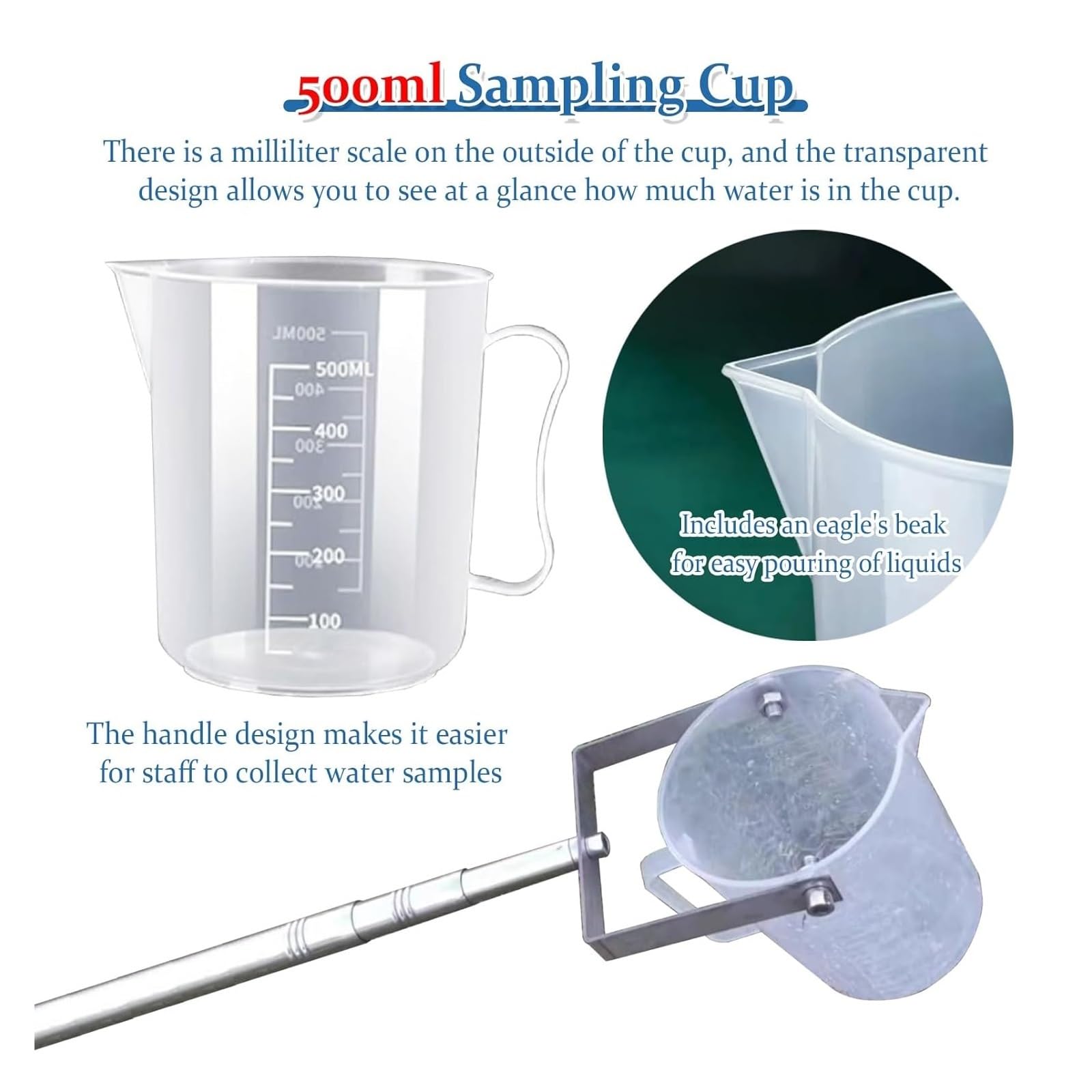Genérico Muestreador de Agua telescópico de Metal de 500 ml, pértiga de muestreo de líquidos Ajustable con Vaso de precipitados de plástico y Escala, Ideal para análisis de ríos, Lagos y Piscinas, y