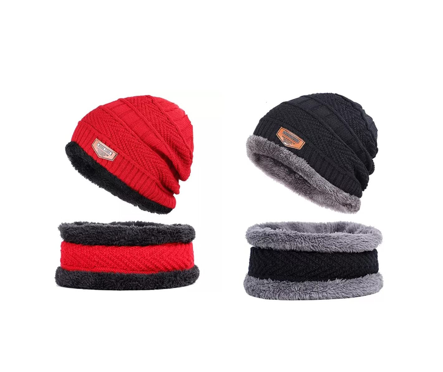 tencoMen and Women Warm Hat Fleece Lined Knit Visor Beanie Beanie with Brim Cap Fashion Winter - Pack of 2 Set, Black & Red, One size
