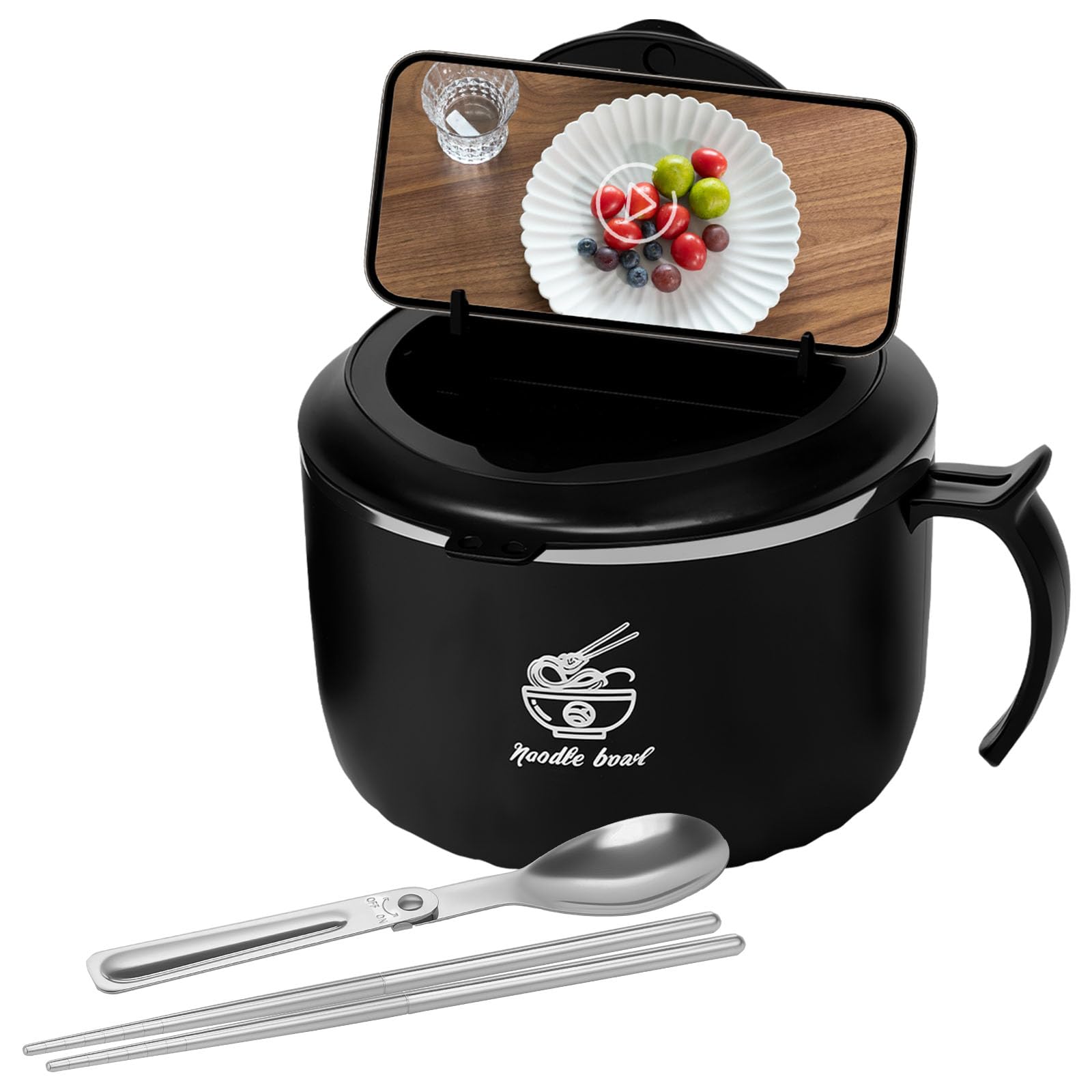 Alongen 1600ml Rapid Ramen Bowl with Filterable Lid, with Splicing Spoon and Folding Chopsticks Multipurpose Cooker with Lid for Home Office College Dorm Room