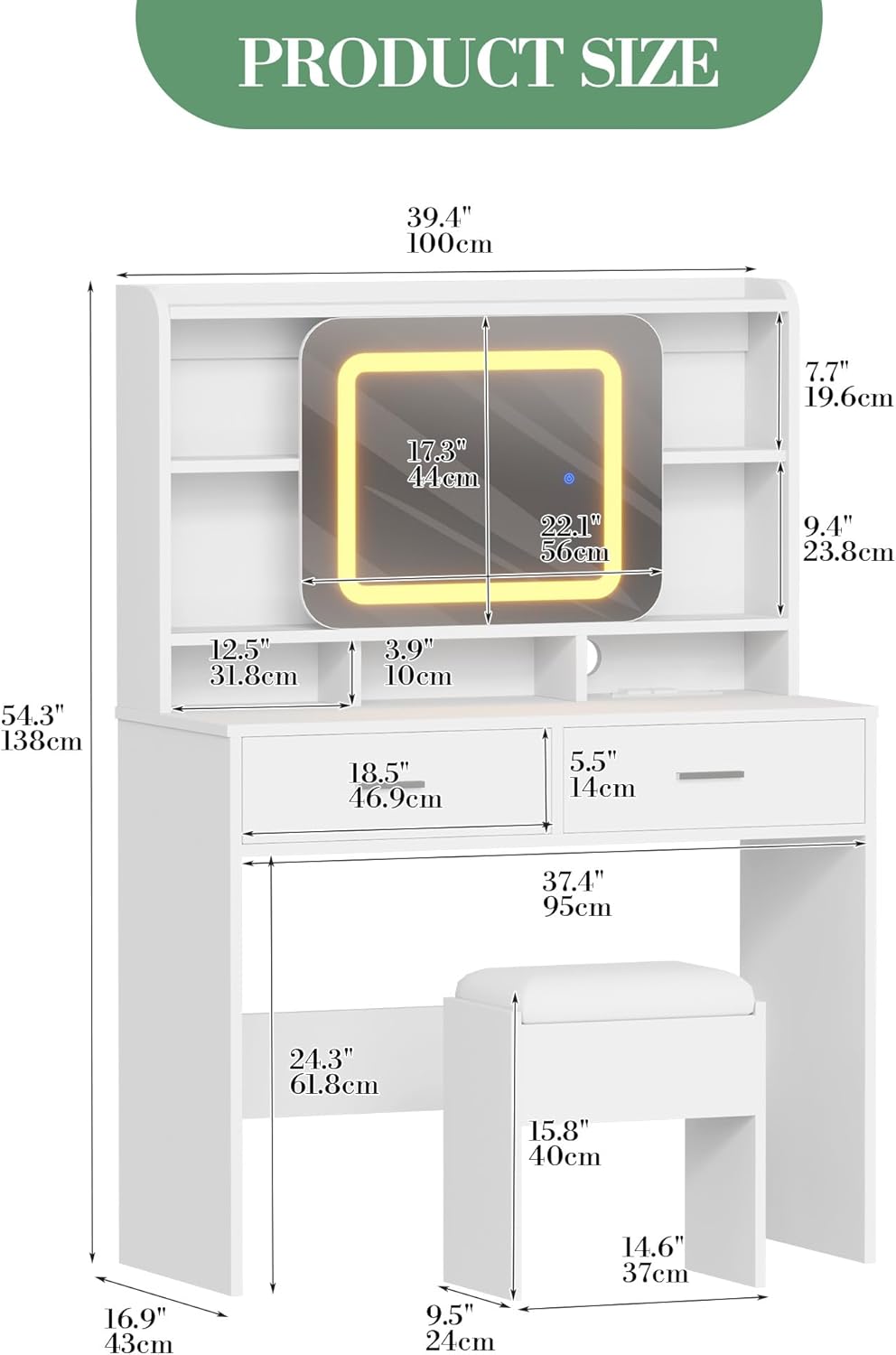 GarveeHome Vanity Desk with Sliding Mirror, Makeup Desk and Stool with Lights in 3 Colors, Girls Vanity Table with Charging Station, 2 Drawers & Storage Shelves for Bedroom, White