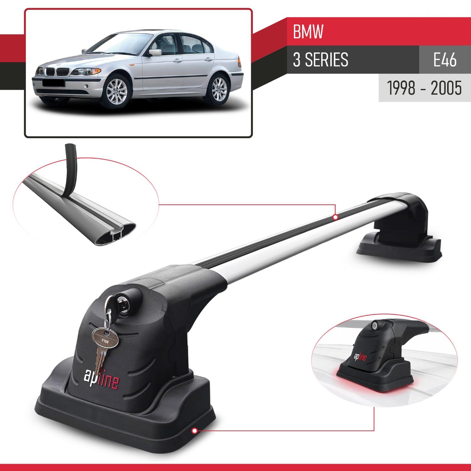 Compatible con BMW Serie 3 (E46) 1998-2005 Modelo Ace-3 Barra de Techo Auto Portaequipajes Barras Transversales Gris Aluminio 2 Barras