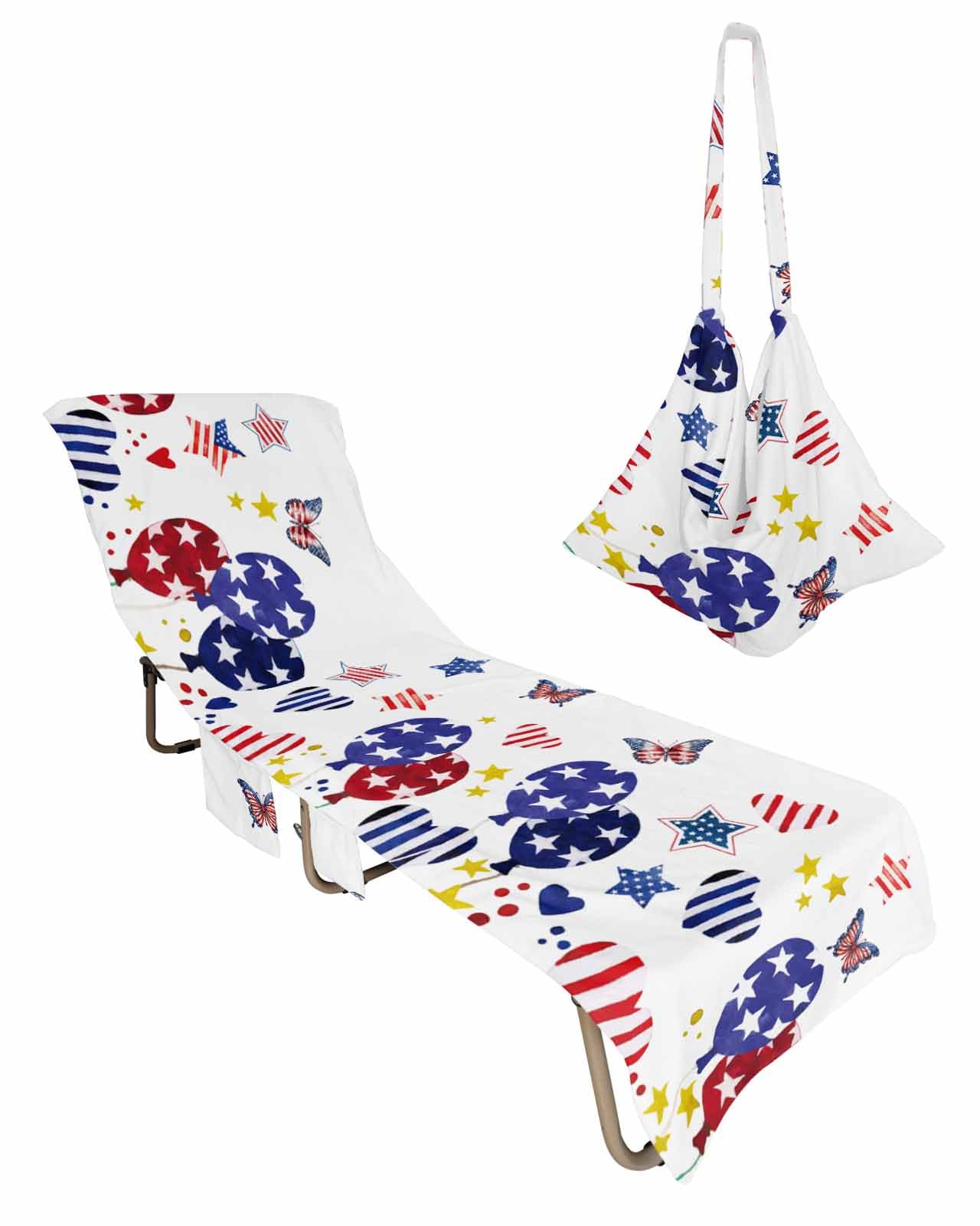 4th of July Beach Lounge Chair Towel Cover, Soft Chaise Lounge Towel with Side Pockets Patio Pool Chairs Cover for Beach/Pool Sunbathing 29x85 Blue Red Balloon Star Butterfly Watercolor