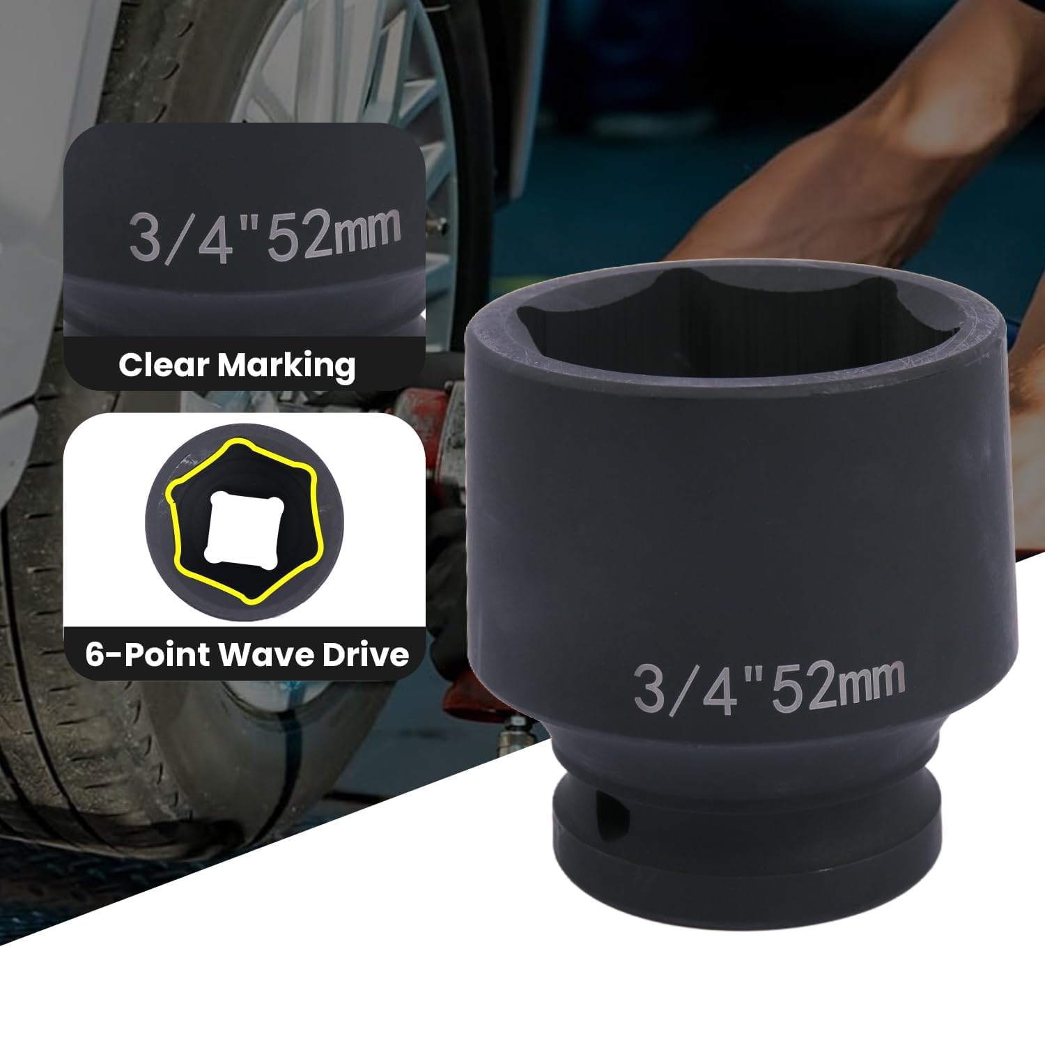 Deep 6-Point Impact Socket 3/4" Drive 52mm,Chrome Molybdenum Steel, Anti-Rust Metric Hex Socket for Car Repairs and Impact Wrench - Image 3