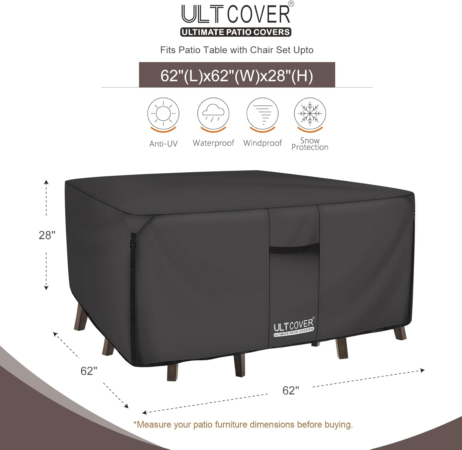 ultcover 600d tough canvas heavy duty square patio table and chair cover - waterproof outdoor general purpose furniture covers 62 inch, black square 62"(l)x62"(w) black