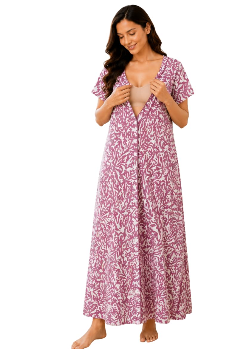 Women's- Maternity/Hospital/Delivery Gown- Poly Viscose Knits Fabric- Front Open | Printed | Round Neck with Button Closure | Pocket | Full Sleeves-image-36