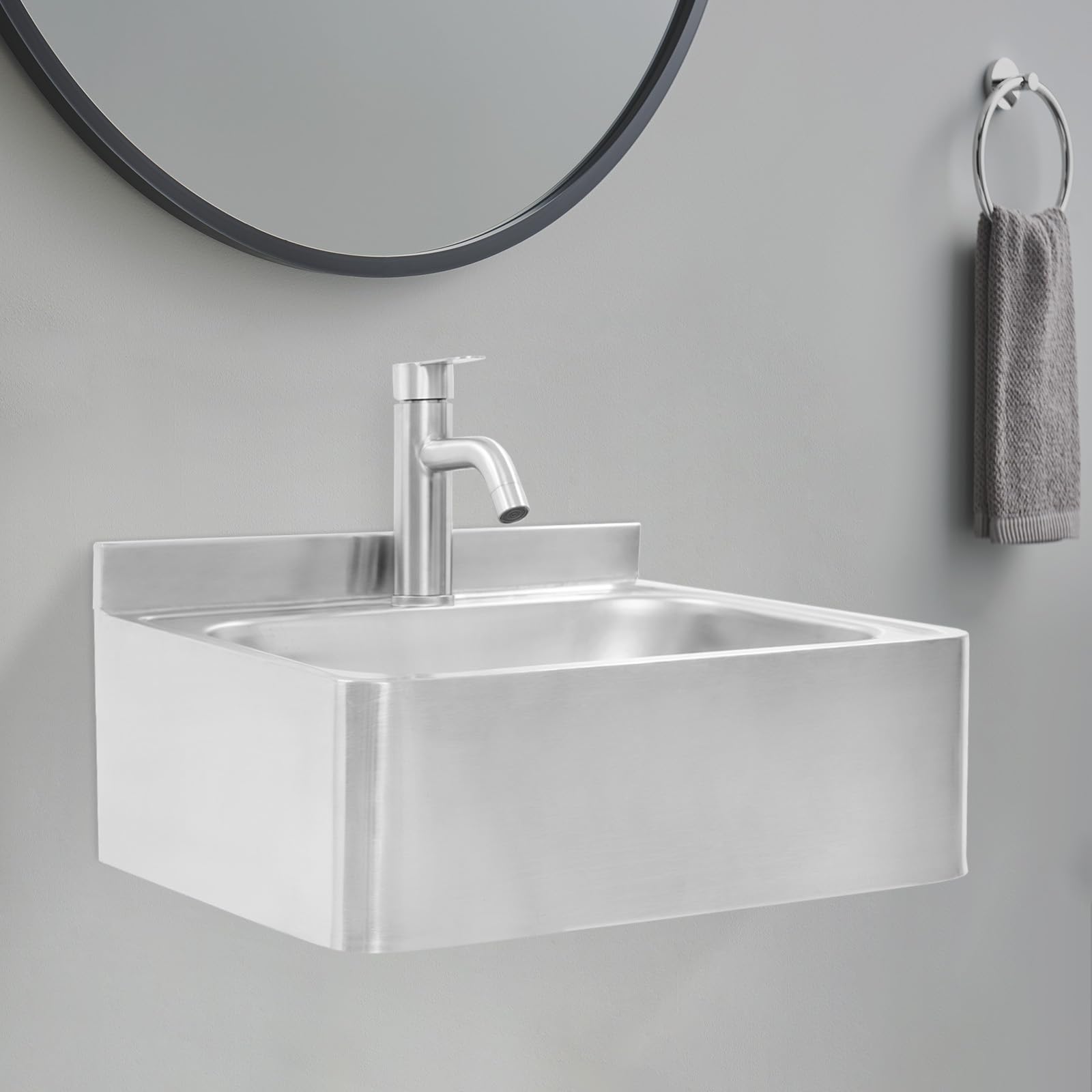 Fregadero de acero inoxidable montado en la pared, 48 x 39 x 20 cm, fregadero de cocina, fregadero exterior para autocaravana, baño, fregadero de cocina (con grifo)
