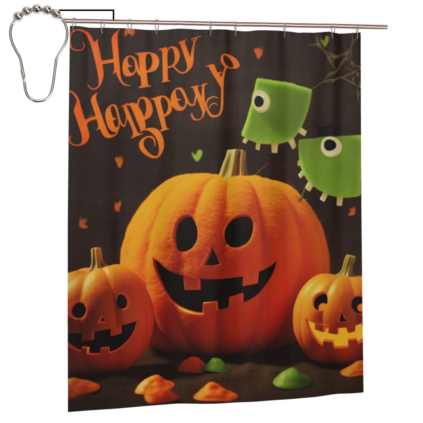 BWWHCCTI Happy Halloween Printed Shower Curtain With 12 Iron Hooks Opaque Quick Drying Waterproof Shower Curtains Sets For Bathroom 152x183 Cm
