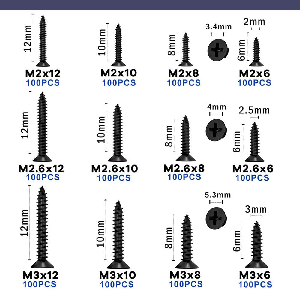 1200 Pcs Small/Micro black Self-Tapping Screws Set. Phillips Flat Head M2 M2.6 M3 Carbon Steel Small Countersunk Self-Tapping Screws for Wood, Plastic and Soft Metal, DIY Micro Furniture Box.