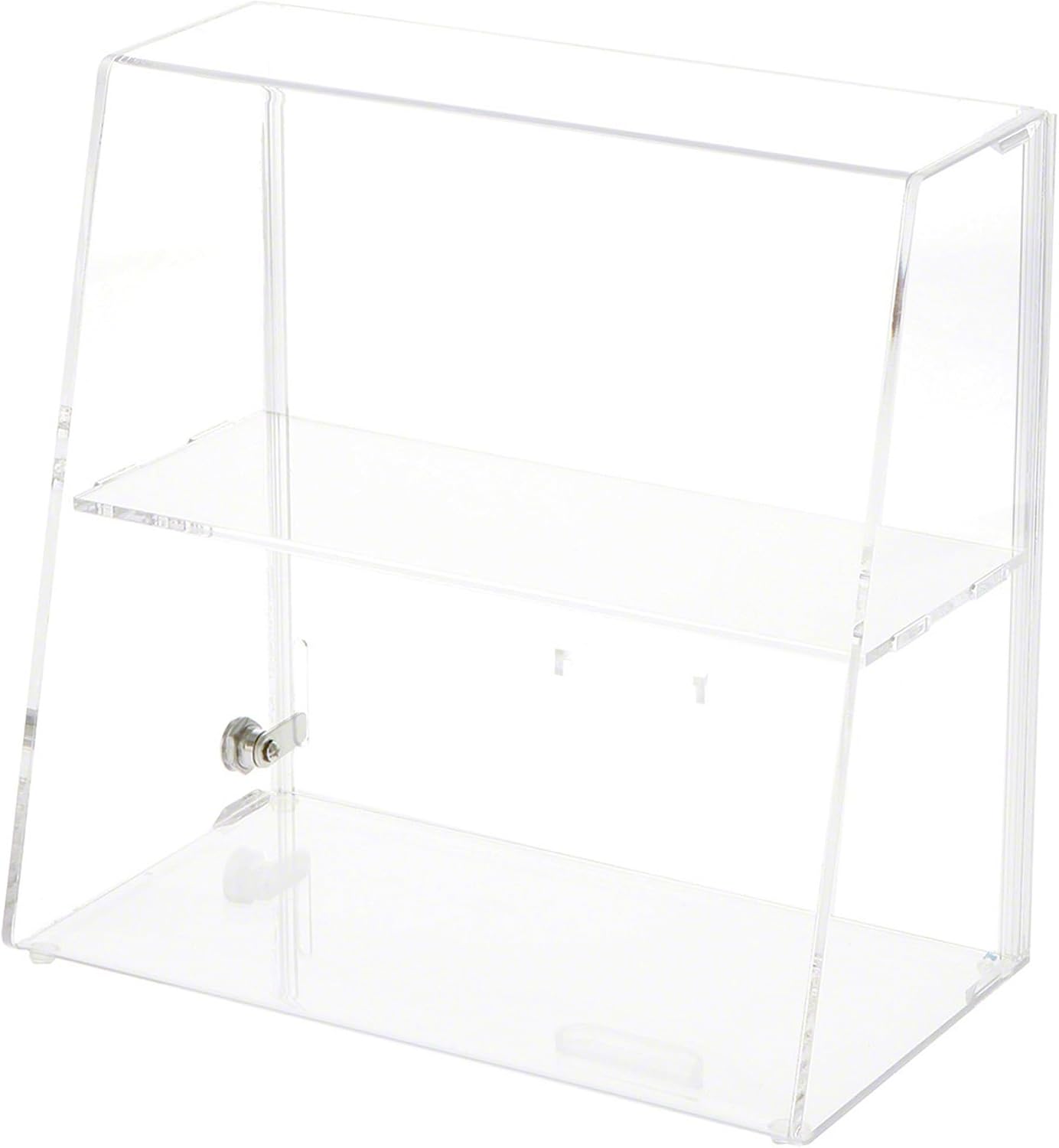 Plymor Clear Acrylic Locking Display Case with Slanted Front and Sliding Back, 1 Flat Shelf, 13.75" H x 14" W x 7.75" D