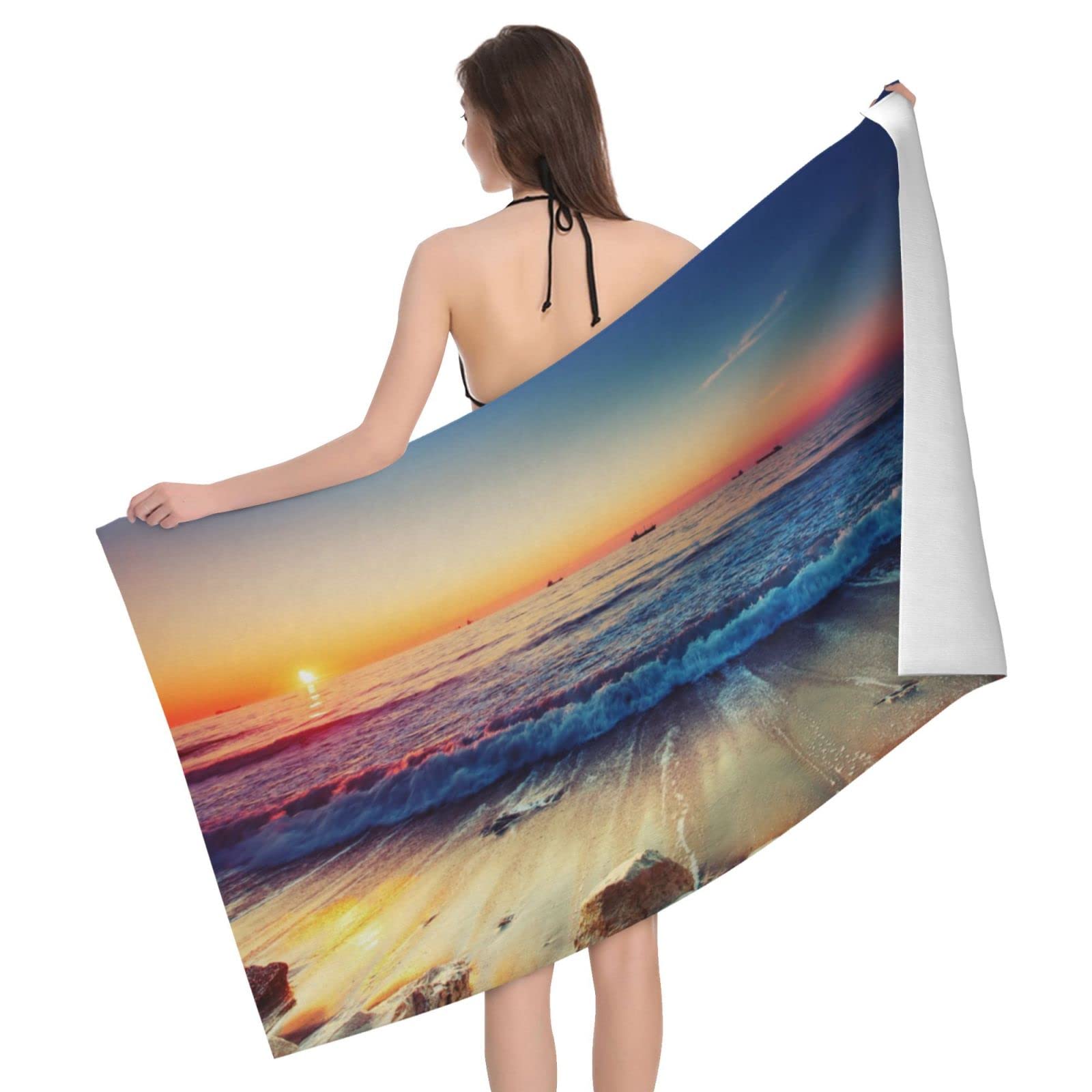 Lawenp Sunset and Ocean Wave Beach Towel, Lightweight Sand Free Quick Dry Microfiber Absorbent Bath Towel for Kids, Adults, Swimming, Bath, Yoga, Pool, Travel, Camping 32"X52"
