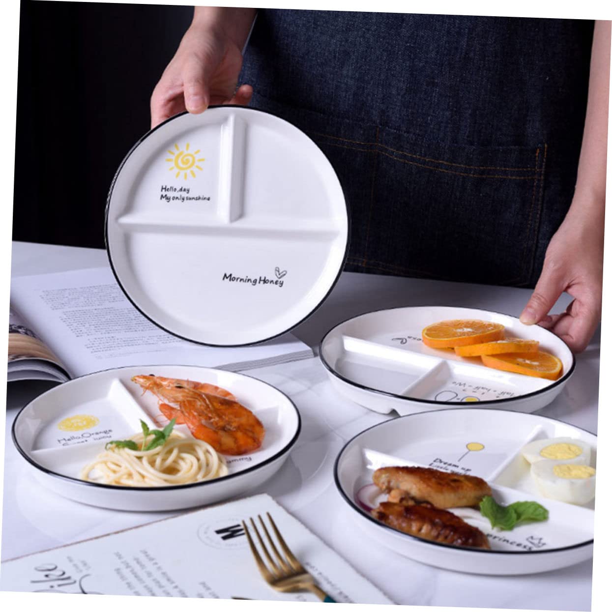 Assiette à Manger à 3 Compartiments en Céramique, Lot de 2