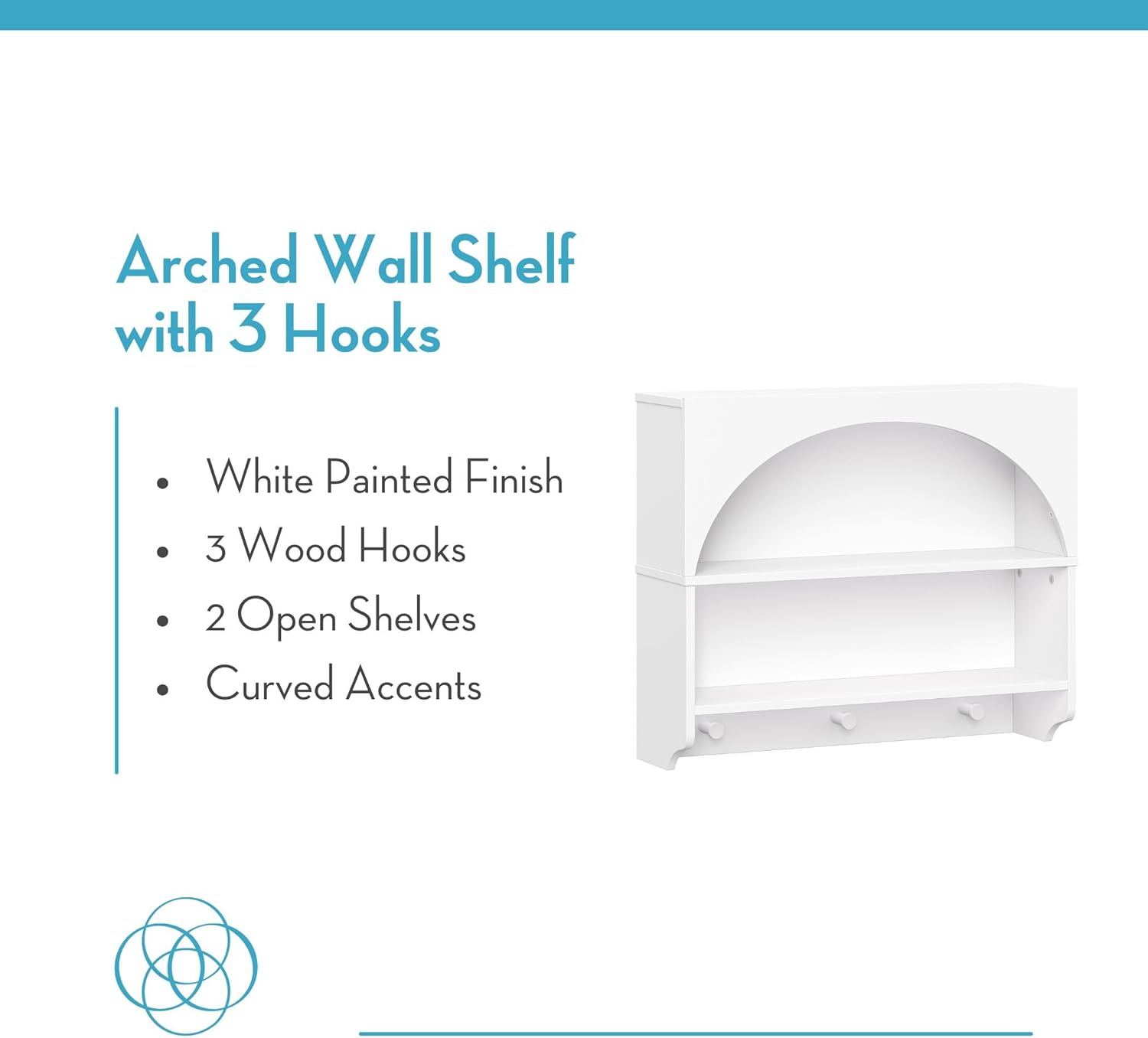 RiverRidge Arched Wall Mount Entryway Storage Shelf with Hooks - Elegant Entryway Organizer with 3 Heavy-Duty Hooks & 2 Display Shelves - Modern White Wooden Rack for Jackets, Keys & Decor