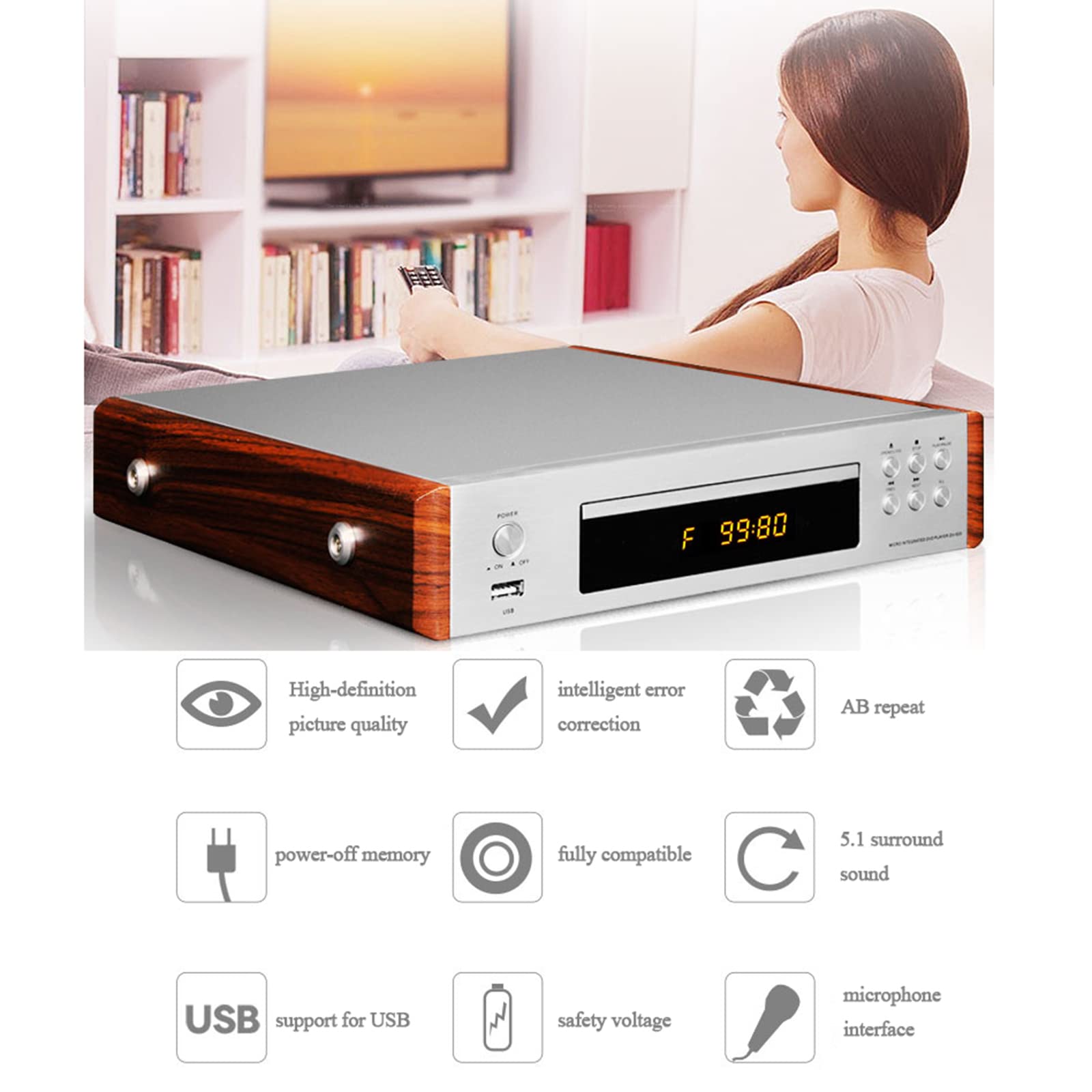 Odtwarzacz DVD 5.1 dźwięk, odtwarzacz HD dla dzieci domowych, wyświetlacz LED przenośny odtwarzacz USB CD MP3 dla wszystkich regionów